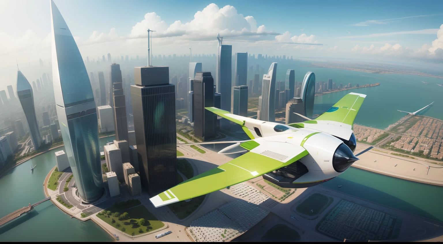 The future city,clean energy,Green environmental protection,Small flying machines sail around the city