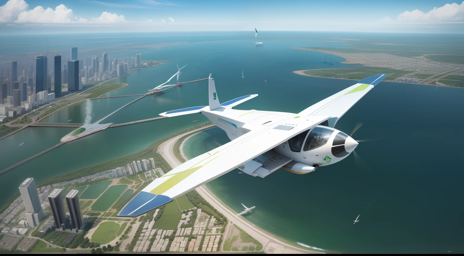 The future city,clean energy,Green environmental protection,Small flying machines sail around the city