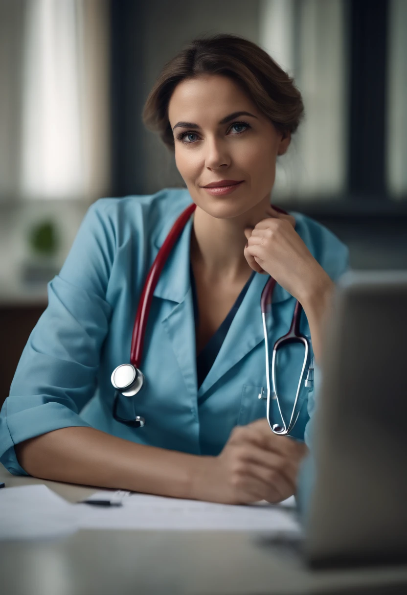 Portrait of a Woman Doctor, medical, attractif, professionnel, experienced, clinique, 25 ans, sitting at a desk, Regard inquiet sur le visage, gentil, affectueux, porte une blouse bleue