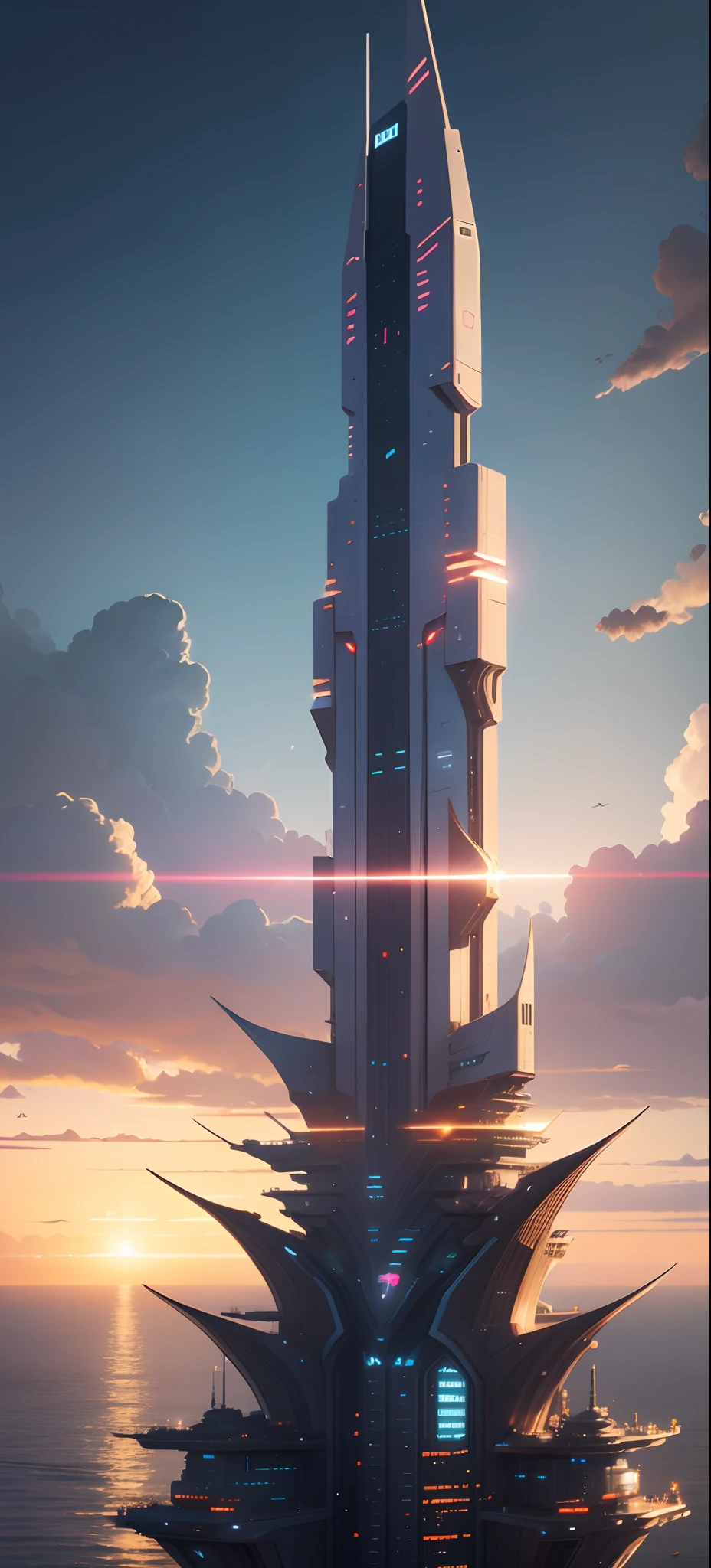 The future city，Greater Bay Area，HD real，Very detailed background by the sea，Sunset moment，The only huge sword-shaped skyscraper，Like a rocket，Curved roof，（From a distance, Looks like a rocket at sea），ultra - detailed，Very high definition，Heavy traffic，Prosperity remains，sci fi city，Cidade futuristica， fanciful， 24th century ，futuristic cyberpunk city, cyberpunk dreamscape, sci fi city，GlowingRunesAIV2_Light blue megacities，（非常详细的 CG 统一 8k 壁纸），The most beautiful photos of outer space artworks，scifi spacescape，planetes，full-figure，full-figure，Various luminous flying machines，Glowing spaceship，Intricate，High detail，