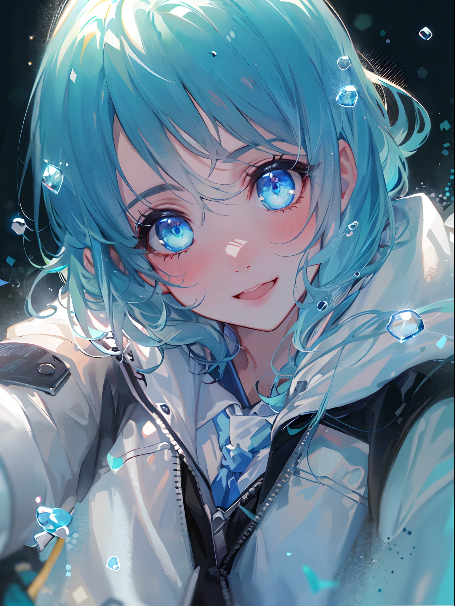 ((top-quality)), ((masterpiece)), ((ultra-detailliert)), (extremely delicate and beautiful), girl with, 独奏, cold attitude,((Black jacket)),She is very(relax)with the(Settled down)Looks,A dark-haired, depth of fields,evil smile,Bubble, under the water, Air bubble,bright light blue eyes,Inner color with black hair and light blue tips,Cold background,Bob Hair - Linear Art, shortpants、knee high socks、White uniform like school uniform、Light blue ribbon ties、Clothes are sheer、Hands in pockets、Bright eyes like sapphires,flourescent blue, There was a little blue light floating around