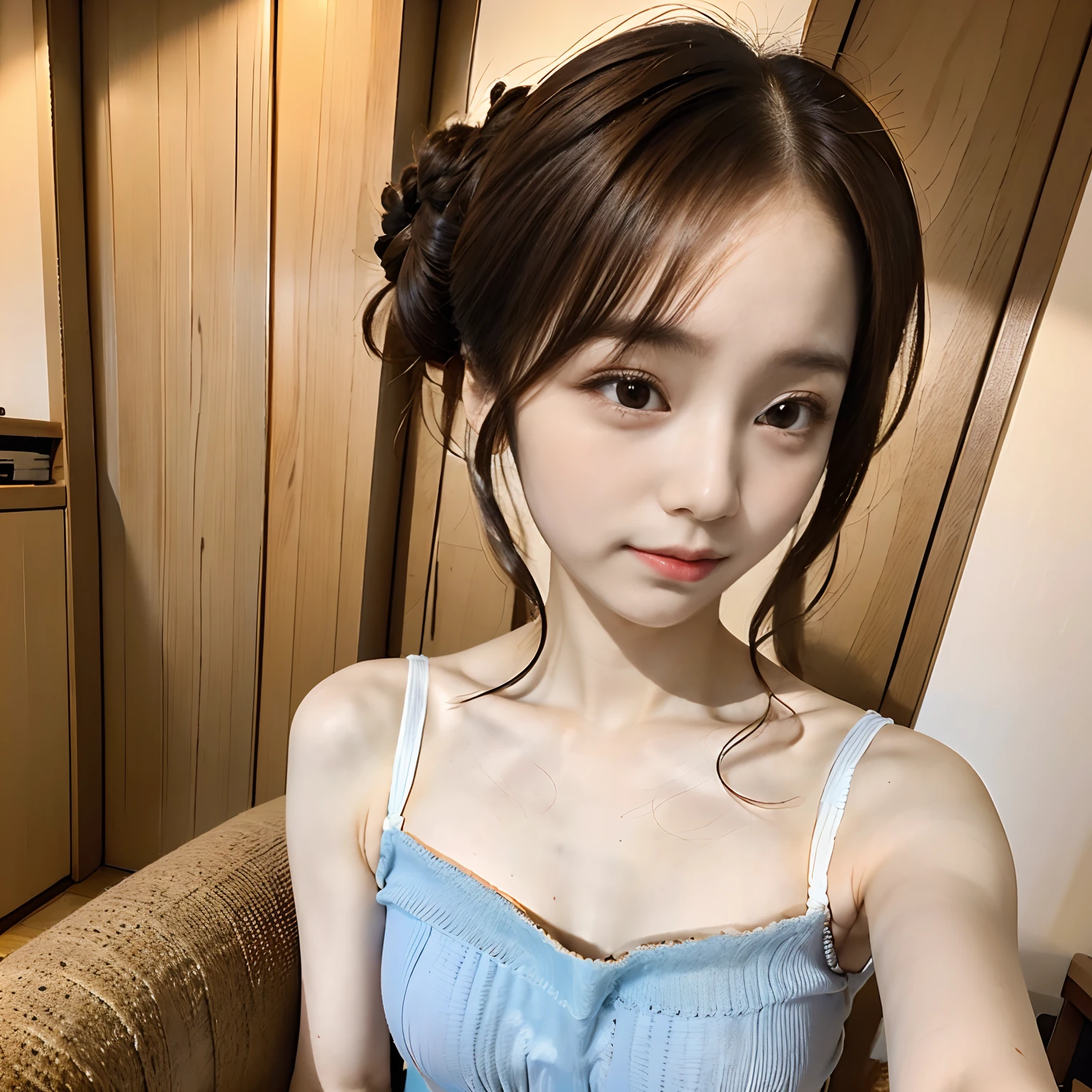 woman, pale skin, black Ponytail hair, sitting down while smile confused