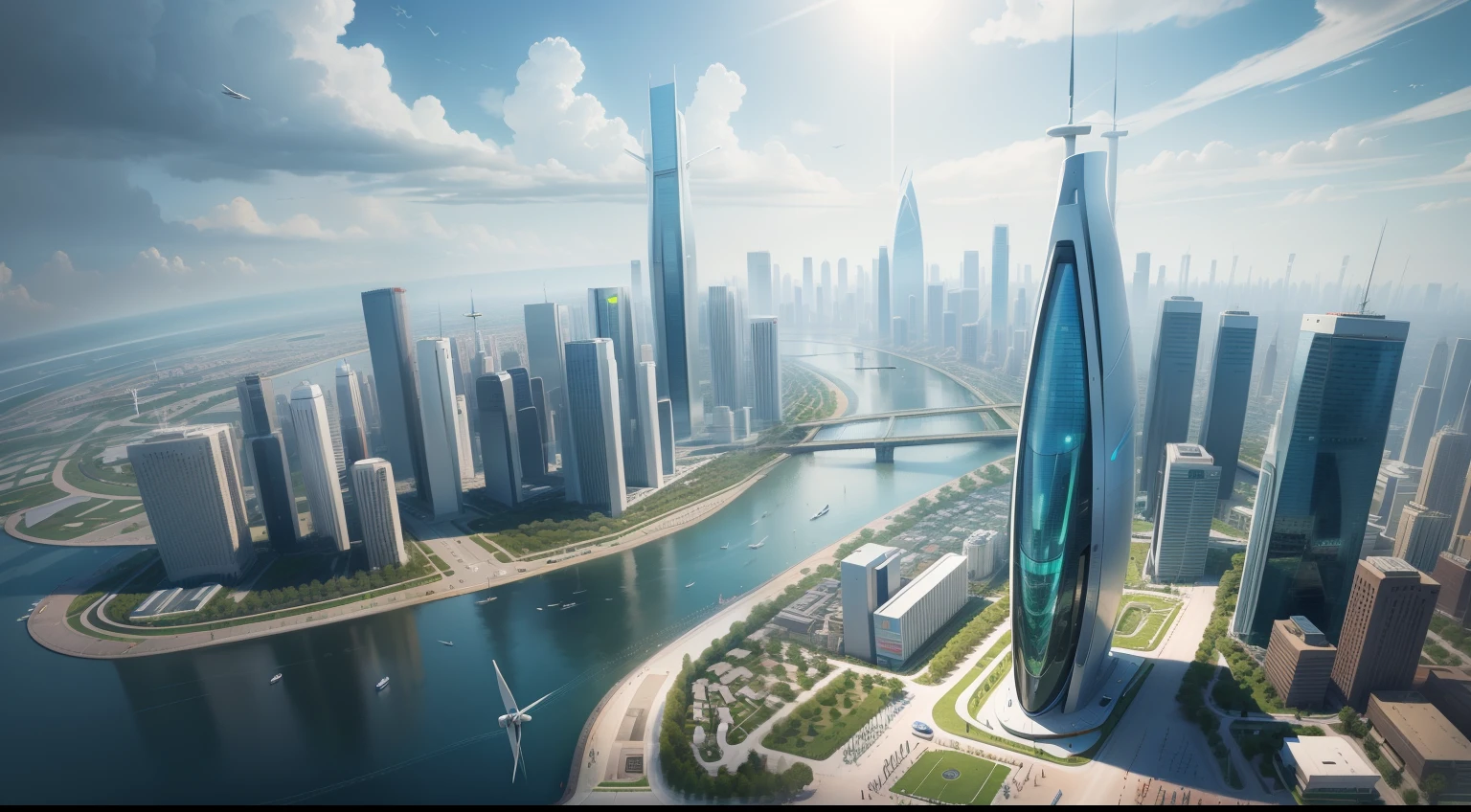 The future city,clean energy,Green environmental protection,Small flying machines sail around the city