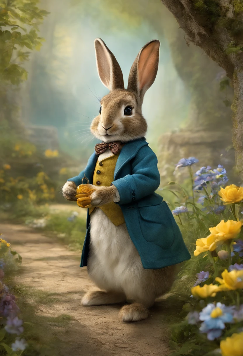 comiс style, painted in vivid watercolor, Bipedal rabbit, Roupas fofas, olhos verdes, branco, cinza, azul. amarelo, extremamente detalhado, altamente detalhado, obra prima, Fundo do conto de fadas, Wonderland, dynamic colours, Luz de conto de fadas, Directed by: Beatrix Potter, Susan Wheeler, Cristopher Denise e Jean-Baptiste Monge, UHD 32k