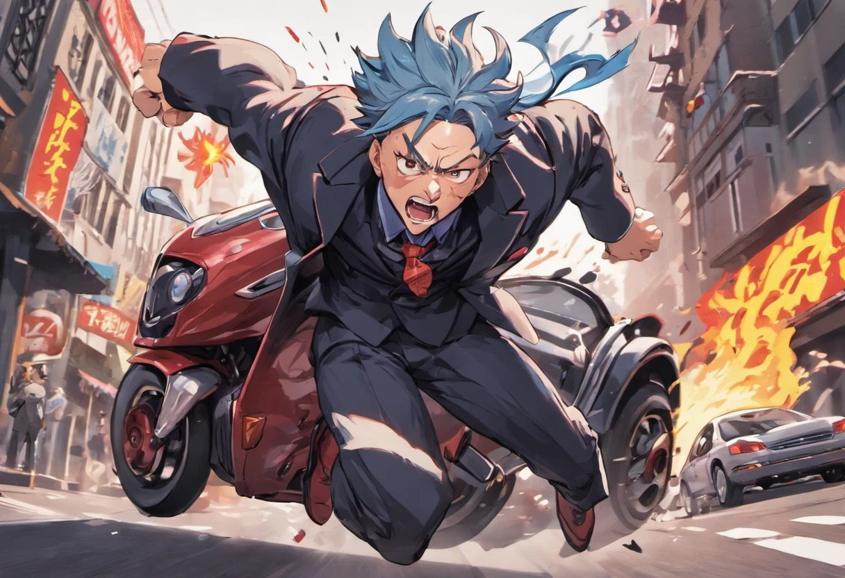 satoru gojo sideways jumping over a moving car on the street, breathing heavily, wearing suit