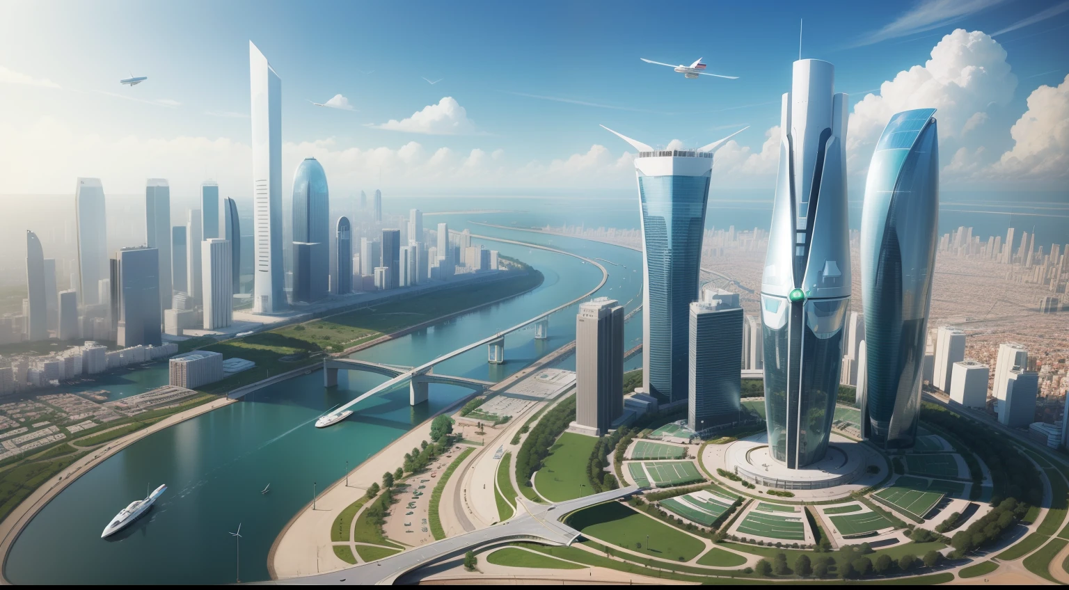 The future city,clean energy,Green environmental protection,Small flying machines sail around the city