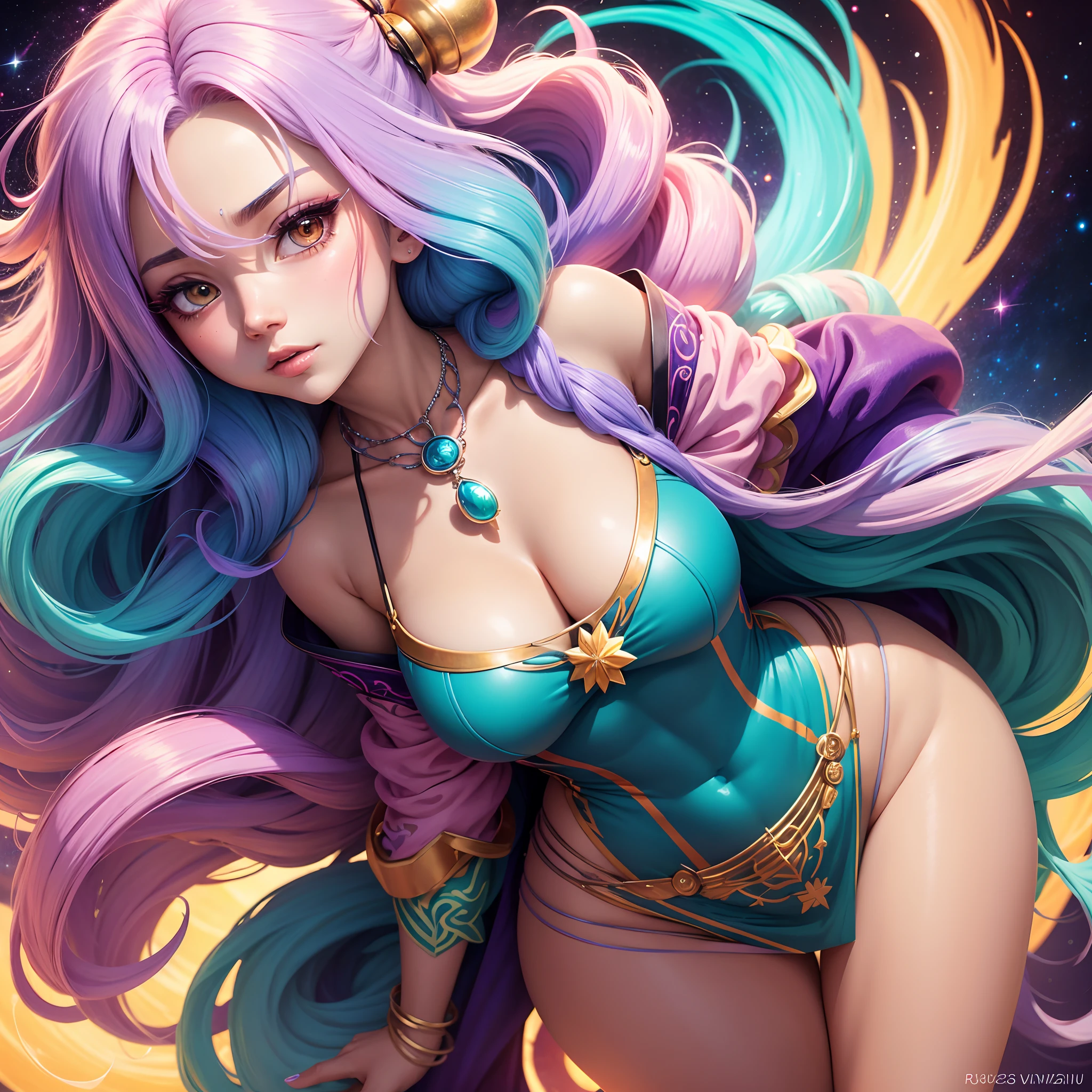 Close-up of a woman with colorful hair and necklace, anime girl with cosmic hair, The soft vitality of Rostus, Guviz-style artwork, Fantasy art style, Colorful], vibrant fantasy style, Vibrant Ross Cartoon, cosmic and colorful, Guviz, Colorful digital fantasy art, stunning art style, Beautiful anime style, White skin, Hulk clothes