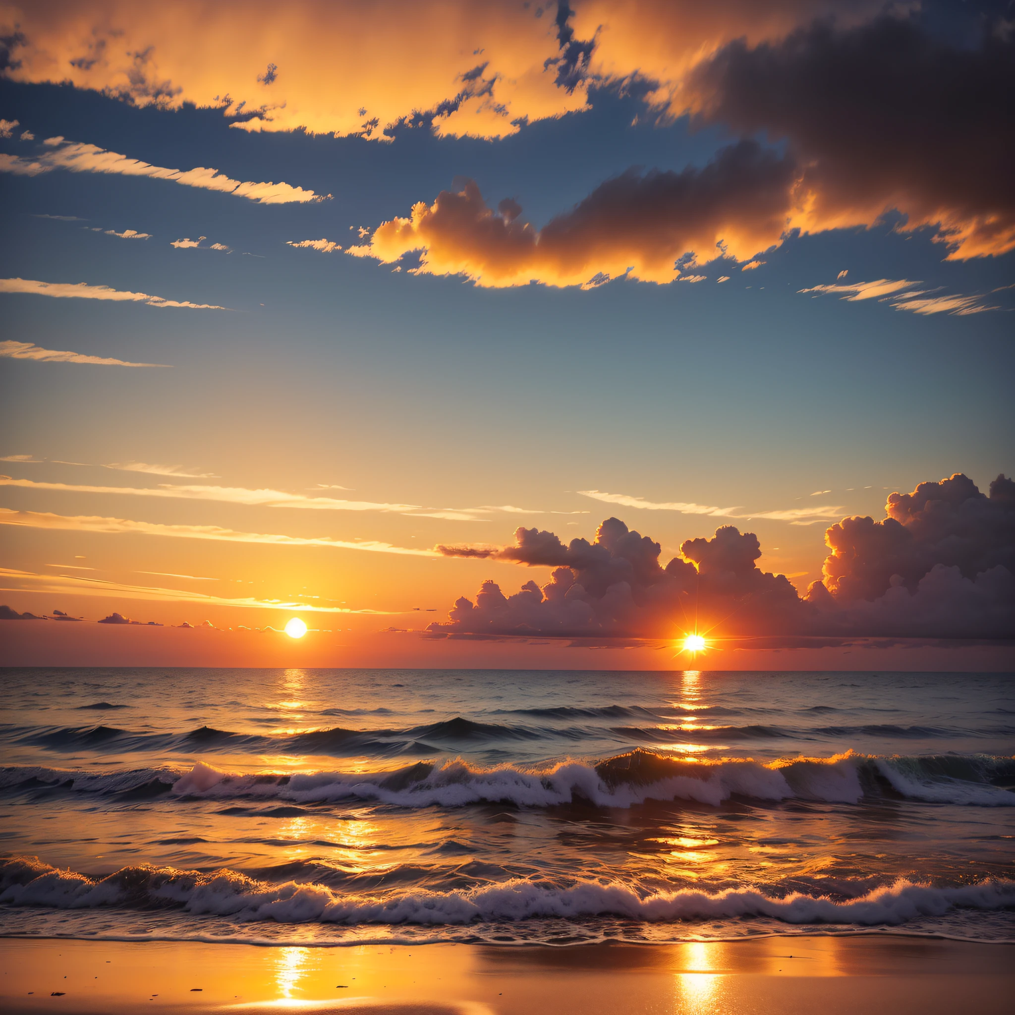Balmy Sunset by the Sea: The sun setting over the ocean, casting a warm, golden glow across the sky and water.