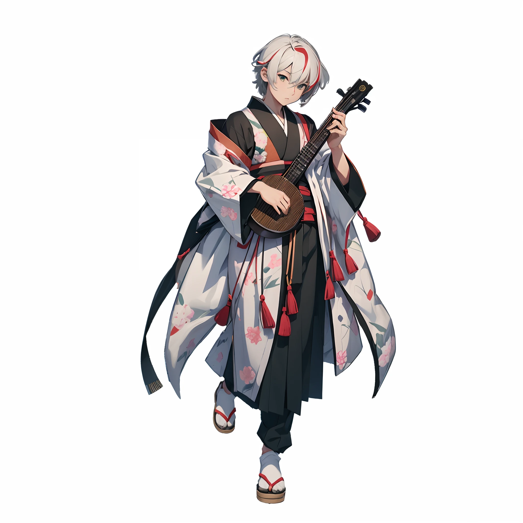 （（（Shamisen player）））、Full body depiction、（No background）、Standing alone、（（Young man wearing patterned kimono））、male people、（Veteran Hero）、The ultra -The high-definition、（Bewitching appearance）、Short-cut hair、hair mixed with white and dark green,,,