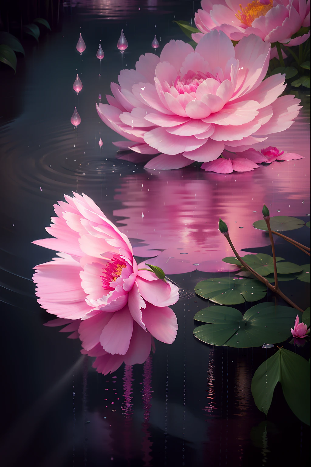 There is a pink flower in the water, Pink reflections, Peony flower, beautiful flowers and crystals, reflecting flower, flowers rain everywhere, flowers exploding and spraying, Peonies, peony flower, pink petals fly, pink flower, pink waterfalls, drizzle, rained, very beautiful photograph of, Peonies, heavy rain poured, beautiful flowers, Pink petals