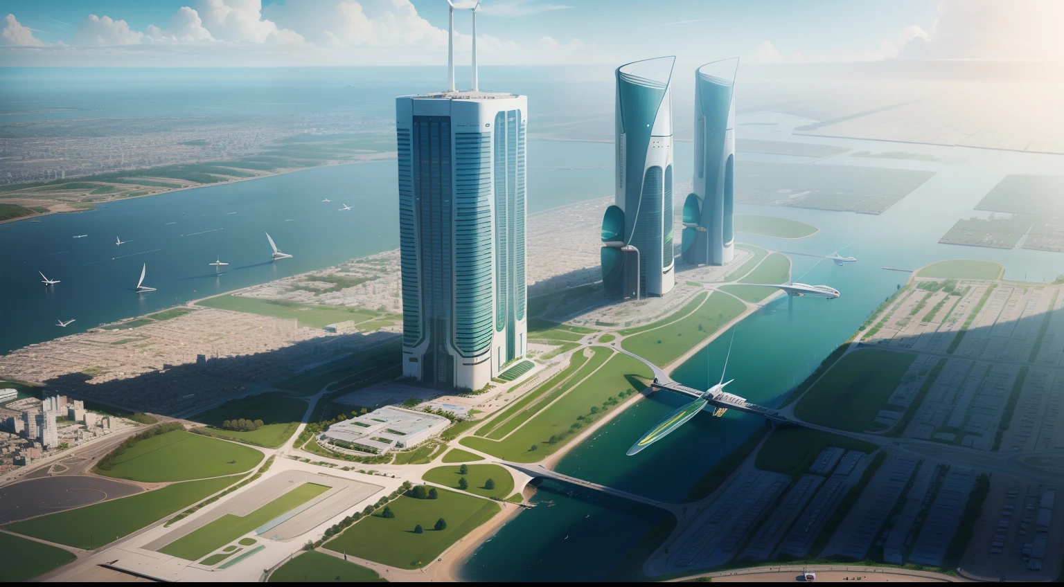 The future city,clean energy,Green environmental protection,Small flying machines sail around the city