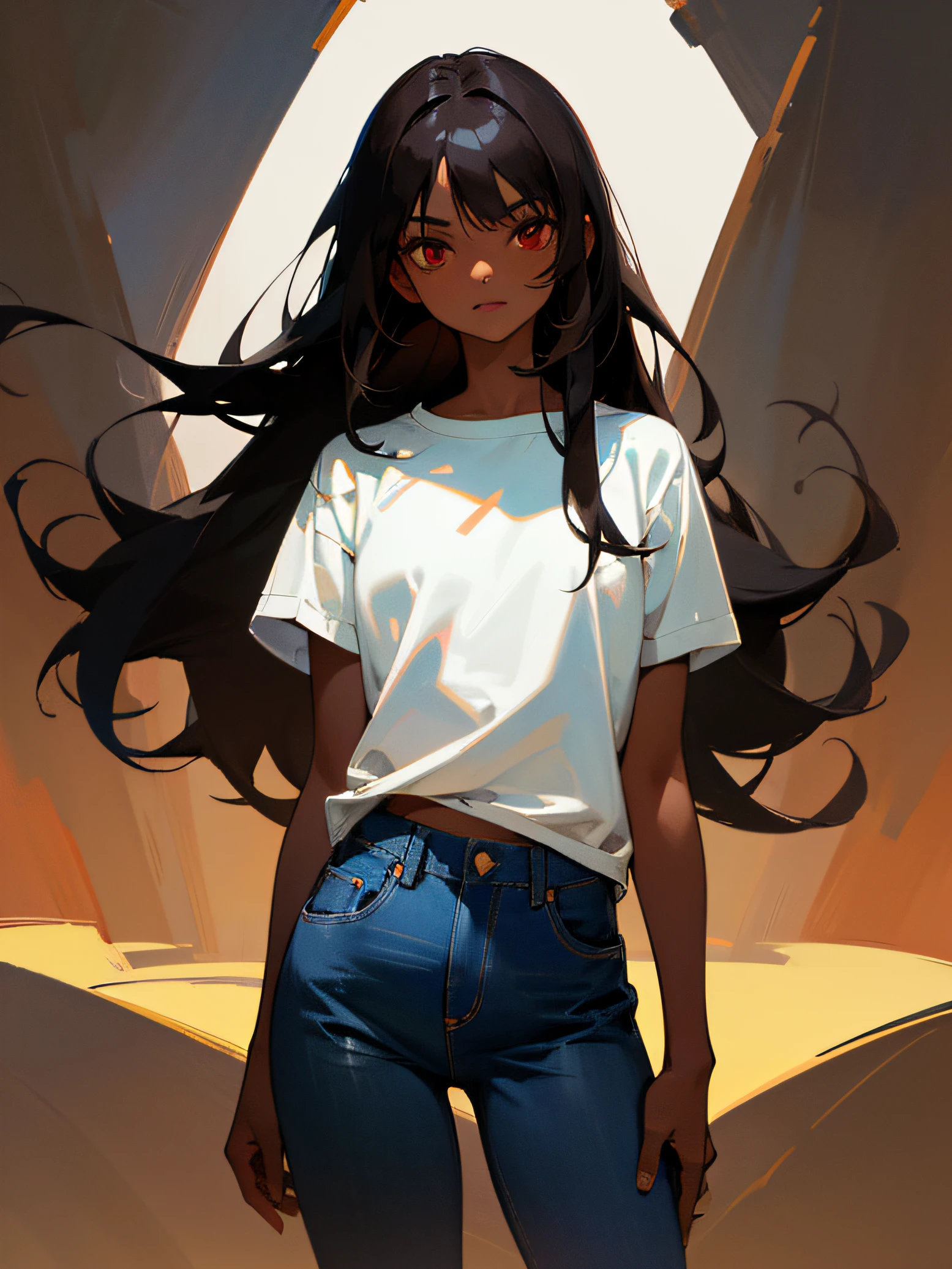 1girl, dark brown skin, long black hair, red eyes, wearing plain white shirt, denim jeans, white drop, absurdres, high res, ultrasharp, 8K, masterpiece, looking at viewer