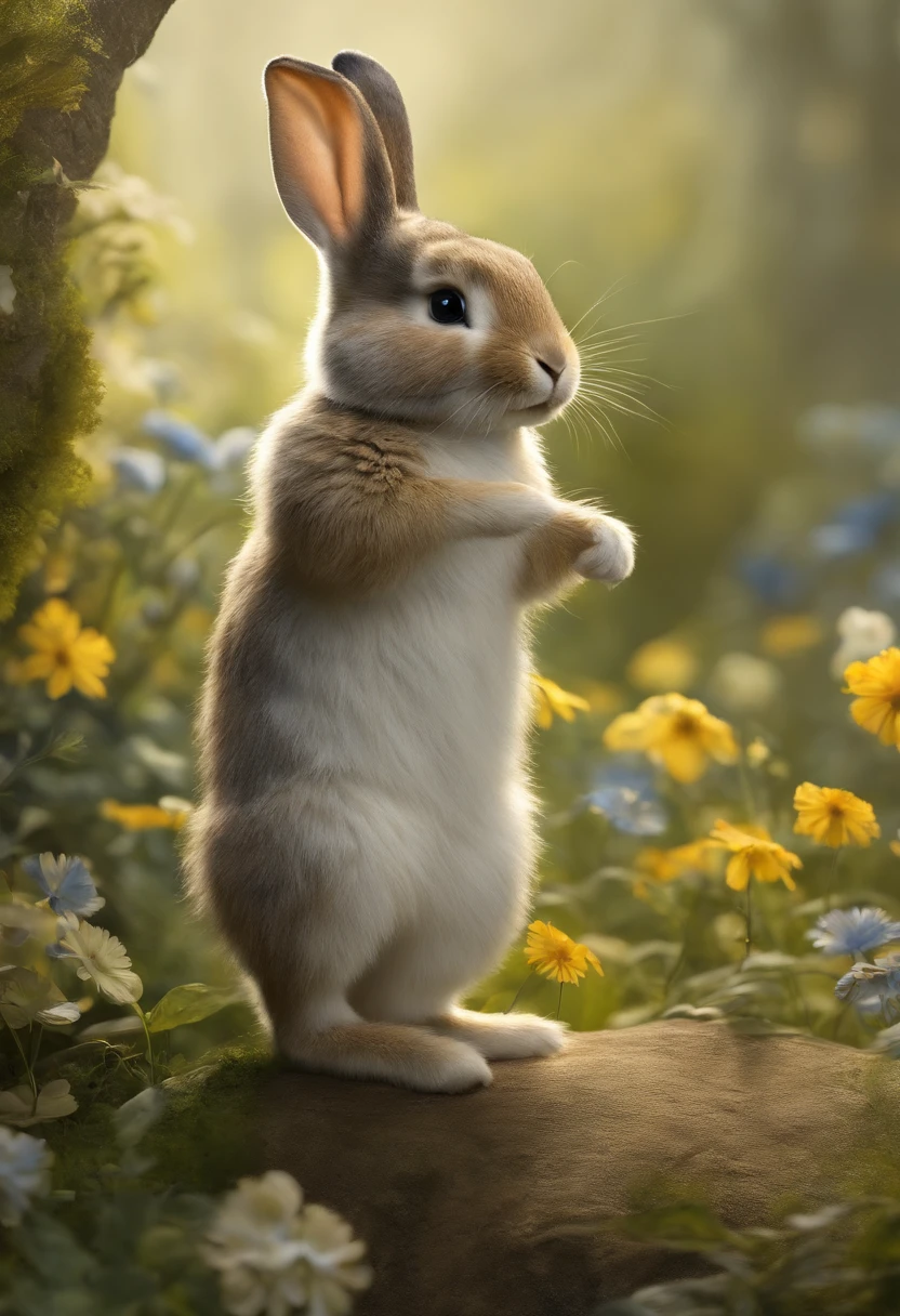comiс style, painted in vivid watercolor, Bipedal rabbit, Roupas fofas, olhos verdes, branco, cinza, azul. amarelo, extremamente detalhado, altamente detalhado, obra prima, Fundo do conto de fadas, Wonderland, dynamic colours, Luz de conto de fadas, Directed by: Beatrix Potter, Susan Wheeler, Cristopher Denise e Jean-Baptiste Monge, UHD 32k