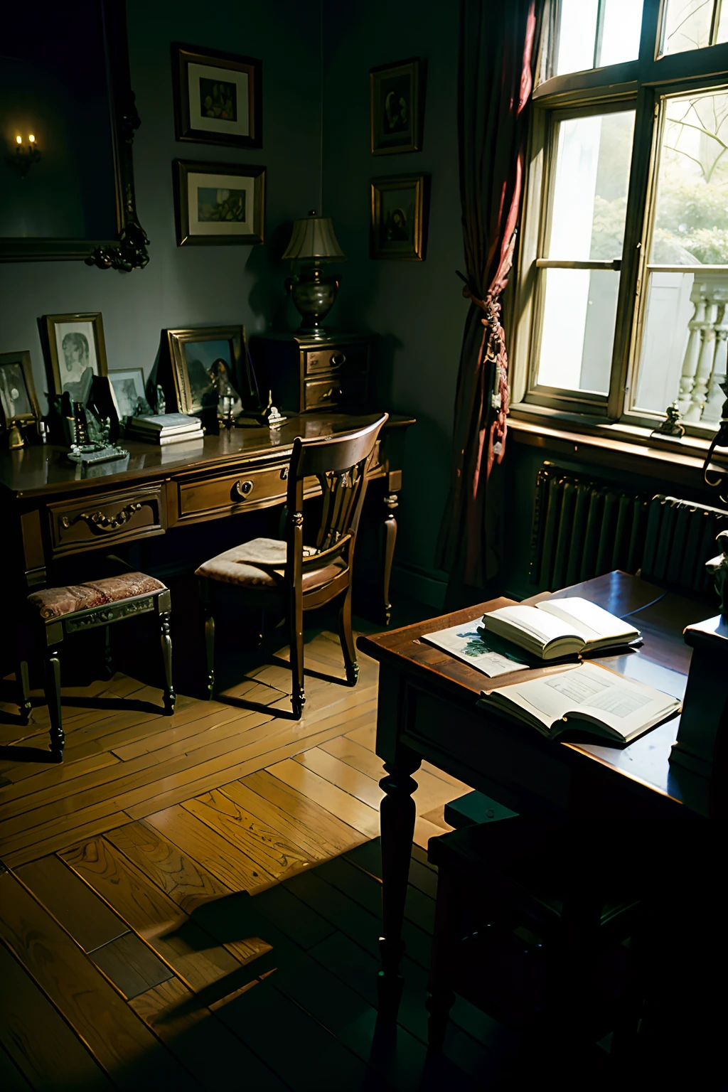 A room that belongs to a demon, dark, scary, mood is degressive, debilitating, decadence, pernicious, mendacity, wasting, perverting.