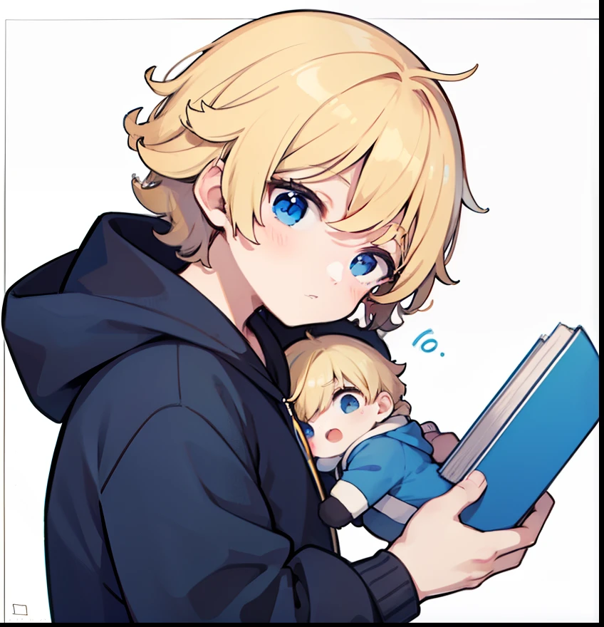 hiquality、superfine illustration,masutepiece,Animated,1boy,man,Man's,Guy,man,Man's,Short hair,Curly hair,Parted bangs,Blonde hair,Blue eyes,White skin,Handwriting style、Pick up the baby