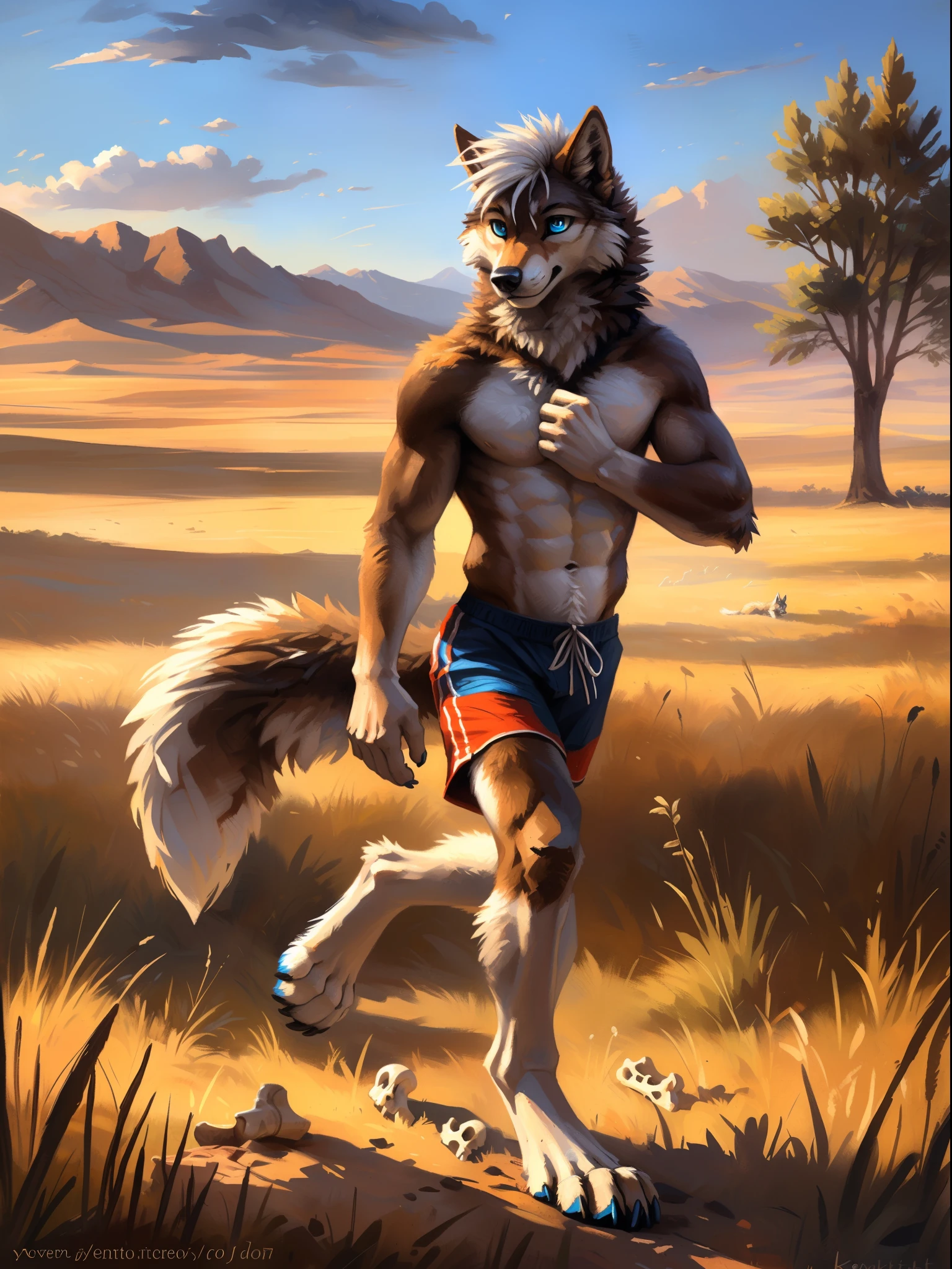 ((Solo)), male people, anthro wolf, (Multi-colored fur, White-brown:1.3), ((Wolf face, White hair, Big eyes, White eyelids, Blue pupil, Slim:1.2) (Tough, Calm expression:1.2)), Abs, Slim, pinging)), (Correct anatomy), (Work shorts:1.1), (Contour bone:1.2), The upper body is naked, (detailed outfits),A big tail,Feet,(Realistic fur, Detailed fur texture, labeled:1.3)), (Natural lighting), Photorealistic, Hyperrealistic, ultradetailed, by Kenket,Endless grasslands,No buildings,Running on