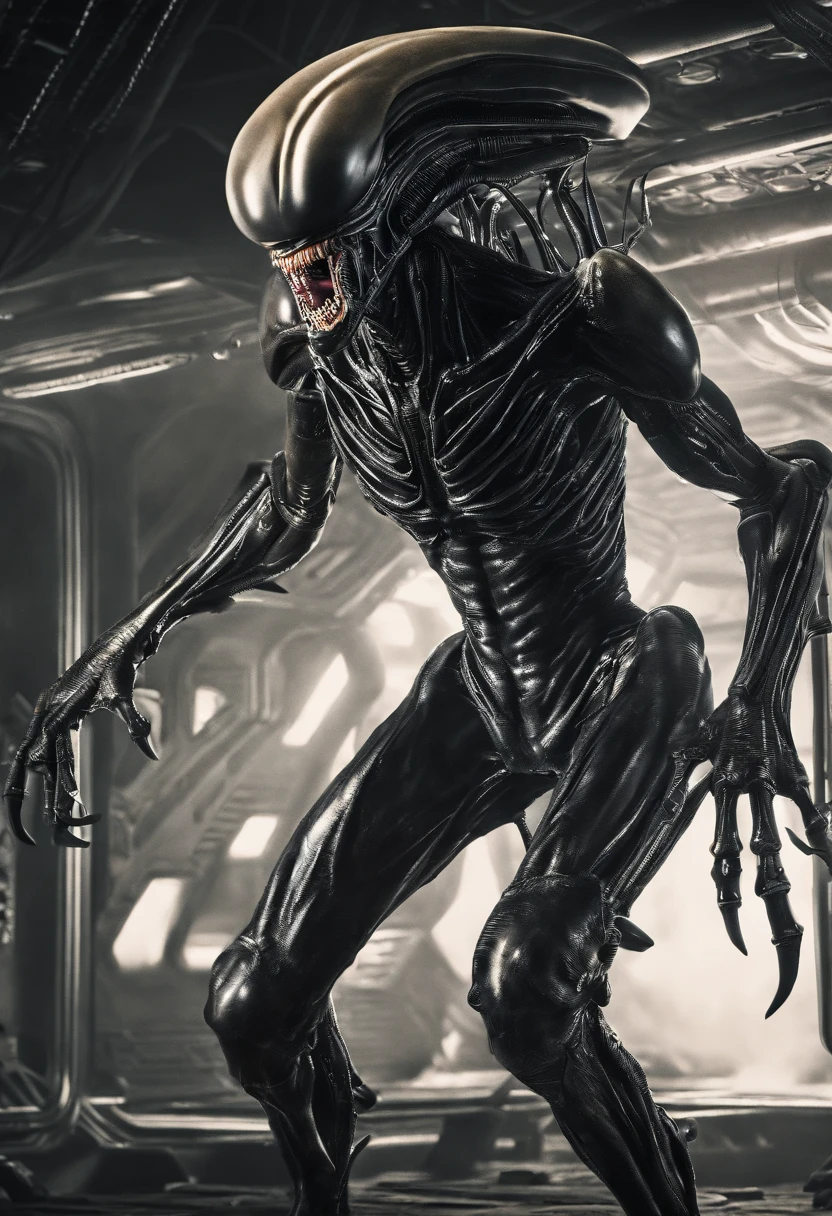 close-up portrait of xenomorph on black background full body shot, frontal shot, light outlines the shape of the beast, clear features, 8k, photography style