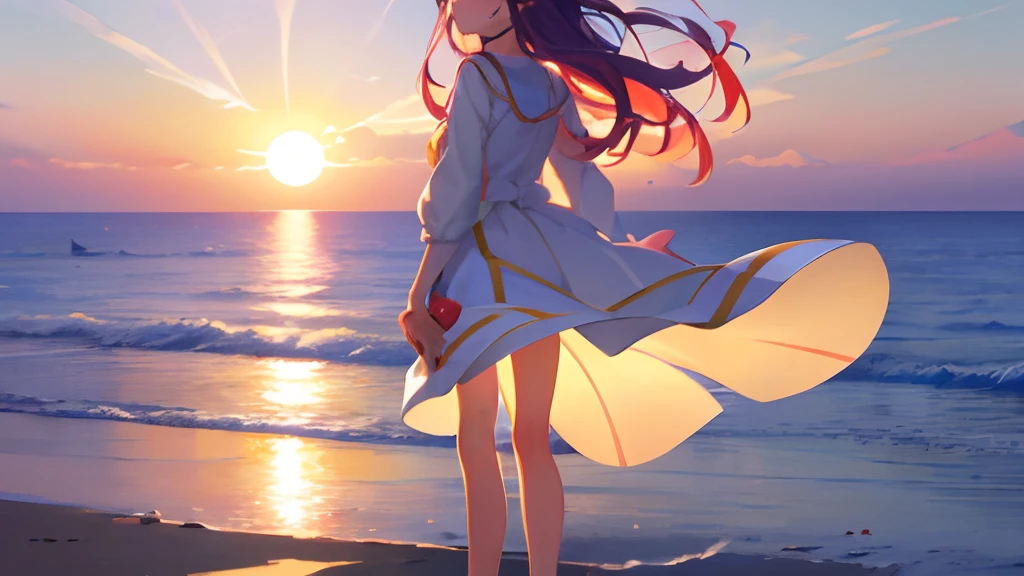 bare-legged、Sunset、the setting sun、evening glow、a beauty girl、14years、Beautiful fece、anime illustrated、When turning around、precision、Correct human body、cute face、A slight smil、Clean hands、Beautiful body、clean legs、lake、Standing、The wind blows、校服