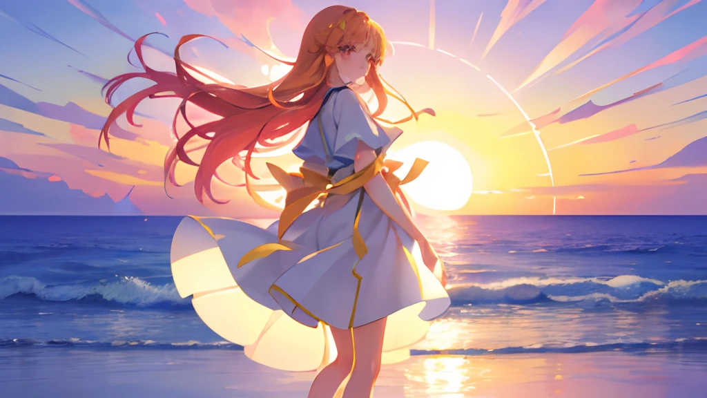 bare-legged、Sunset、the setting sun、evening glow、a beauty girl、14years、Beautiful fece、anime illustrated、When turning around、precision、Correct human body、cute face、A slight smil、Clean hands、Beautiful body、clean legs、lake、Standing、The wind blows、校服