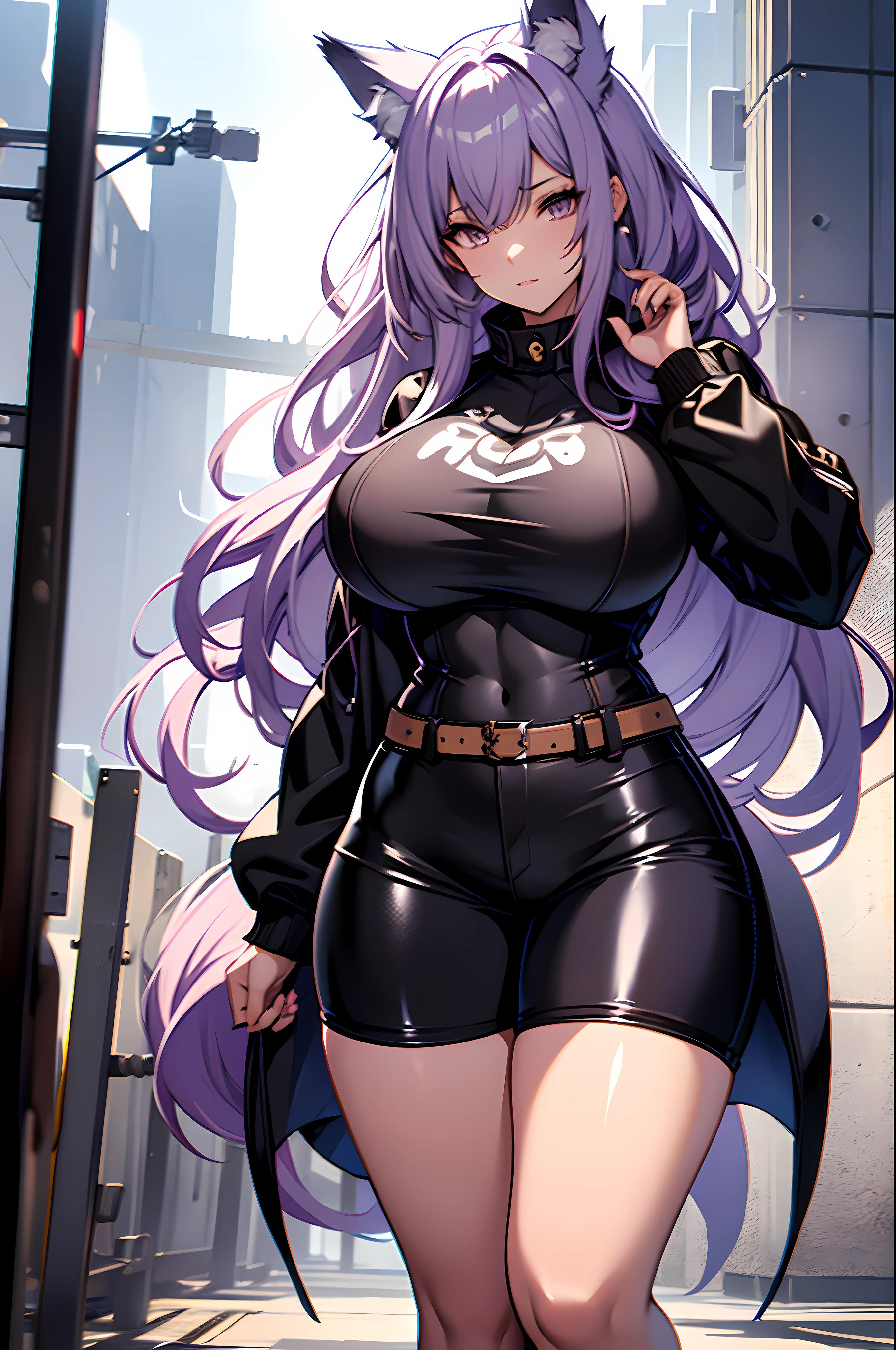 one woman, wolf girl, wolf ears, wolf tail, violet hair, strong, firm body, thick thighs, big breasts, muscular arms, casual clothes, sfw, sexy, full body, masterpiece, highly detailed, shiny clothes, tall women, fat, latex leotard, latex, plump, oily body, shiny body, sweating, wet, wet look,