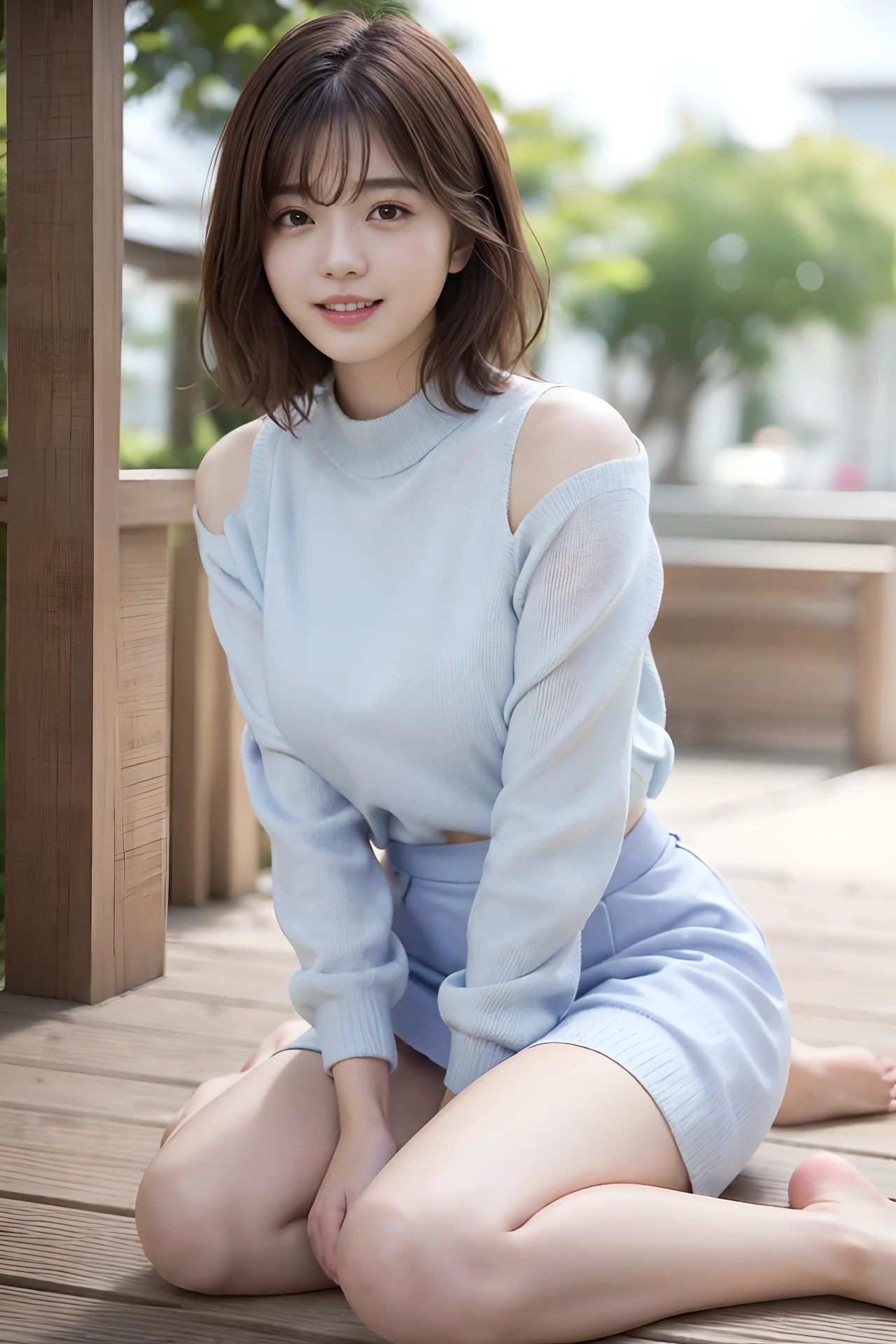 (skin blemish:1.2), (skin indentation), dark circles, 1womanl, 25 age old, (((woman))), Solo, Realistic, Best quality, Photorealistic, Mastery, 8K, A high resolution, Solo, Extremely detailed face, (Professional lighting，Bokeh），（light particules，lens flare glow，Luminous Particle：0.6），（dynamicposes：1.2），gentlesoftlighting，Top corner view，Trendy atmosphere，jpn，the street，城市，toyko，ports，（（In the daytime)), Skysky, ((looking at viewert:1)), (looks into camera), opulent, standing on your feet, keep original facial proportion, Shave your shoulders, full bodyesbian, (Medium chest), (short detailed hair), A brown-haired, Fluttering, cparted lips, lipsticks, Seductive smile, ssmile, Open-mouthed, teeth, (Blue skinny sweater), (white colors）（Business miniskirt), eyeslashes, birthmark, (Moles under eyes: 1),Legs are well-proportioned, Slender and fair，A pair of lotus ankles are white and tender，without wearing shoes，Beautiful feet with meticulous details，Focus on the chest，fully body photo
