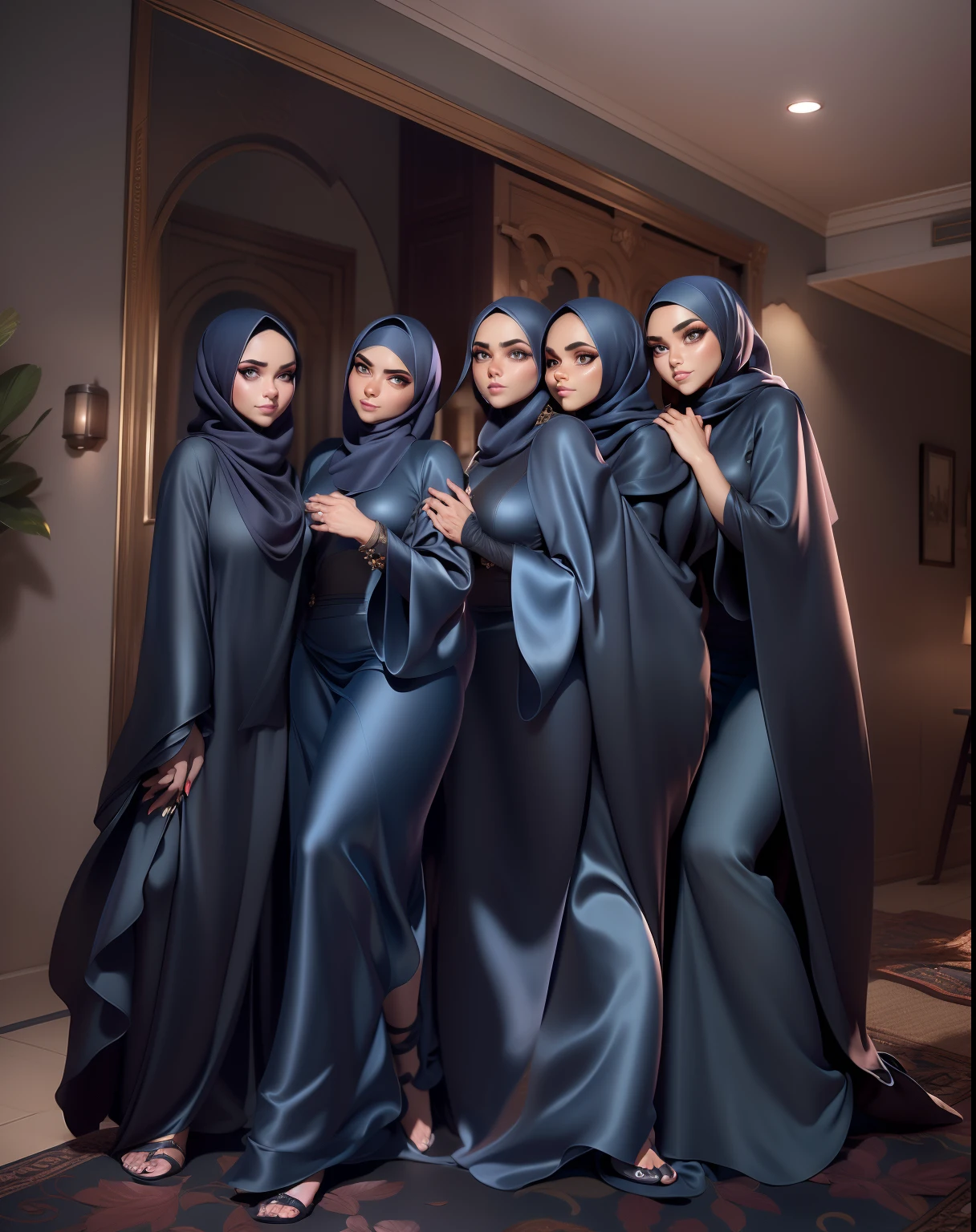 3dmm style, Masterpiece, best quality, photography, detailed skin, realistic, photo-realistic, 3D Character Design, pixar, real cartoon, 8k, highly detailed, full length frame, High detail RAW color art, diffused soft lighting, shallow depth of field, sharp focus, hyperrealism, cinematic lighting, ((close up)) hijab, a woman, beautifully makeup, brown beautiful big eyes, long eye lashes, wearing (Dark blue satin hijab), loosely tide hijab style,((gray satin shirt)), palazzo pants