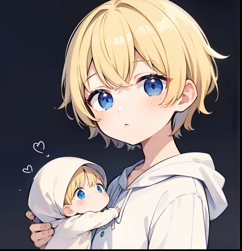 hiquality、superfine illustration,masutepiece,Animated,1boy,man,Man's,Guy,man,Man's,Short hair,Curly hair,Parted bangs,Blonde hair,Blue eyes,White skin,Handwriting style、Holding the baby