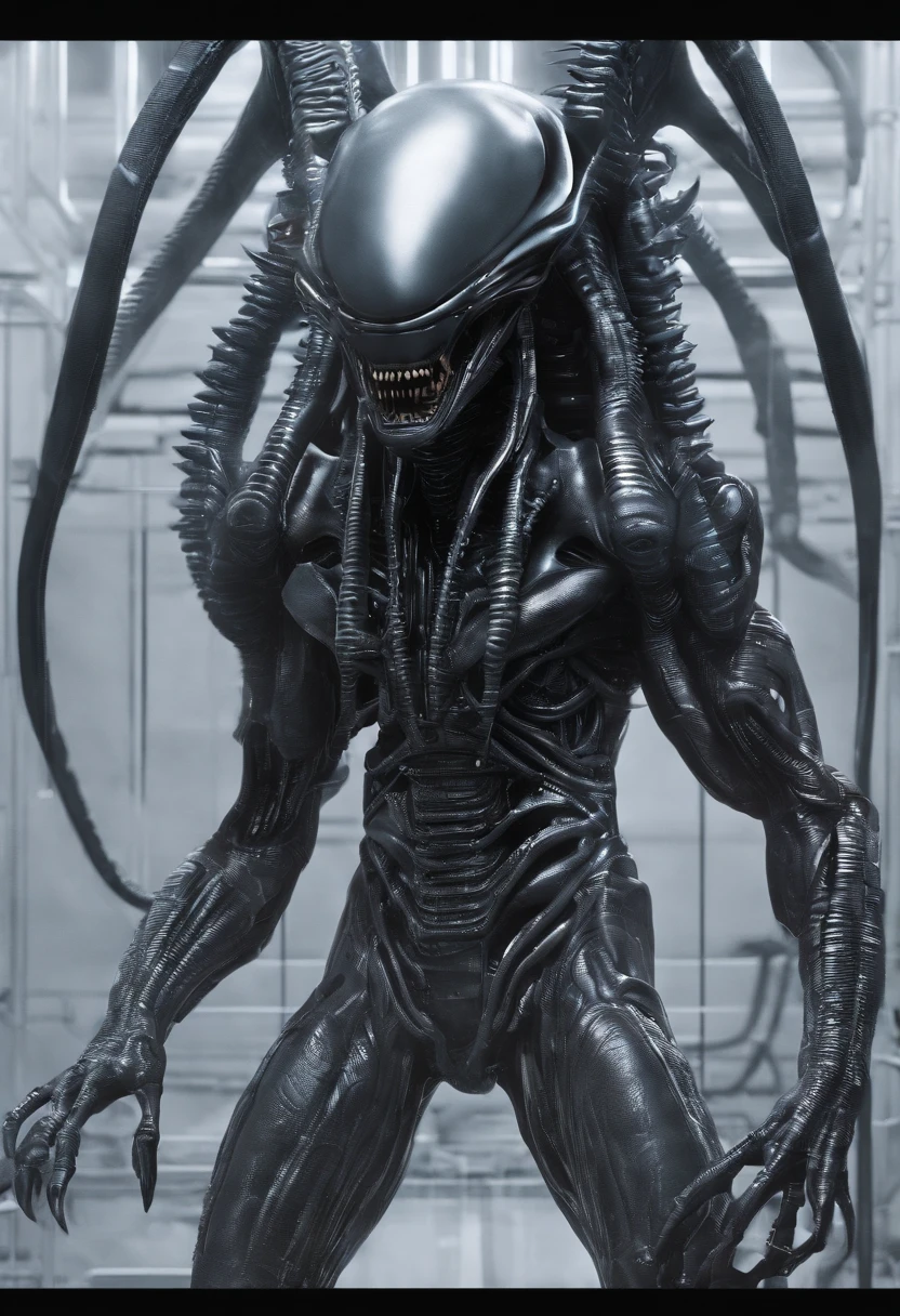 masterpiece, a creepy scary alien creature with alien skin and clothing, with a damp and steamy highly detailed spaceship corridor in the background, sci-fi, flickering halogen lamps, muted dark colors, high dynamic range, aggressive pose, sultry, full body, perfect face, detailed face, perfect body, alien tattoos, scars, smudge, oil greased skin, complex details, highly detailed body, highly detailed skin, highly detailed face, reflective textures, wet skin, dripping water, The Alien film franchise, photorealistic, masterpiece, hyperrealism, analog style, 8K UHD, RAW, octan render, concept art, professionally color graded, muted LUT, HR Giger, Hans Ruedi Giger, by Aaron Horkey and Jeremy Mann