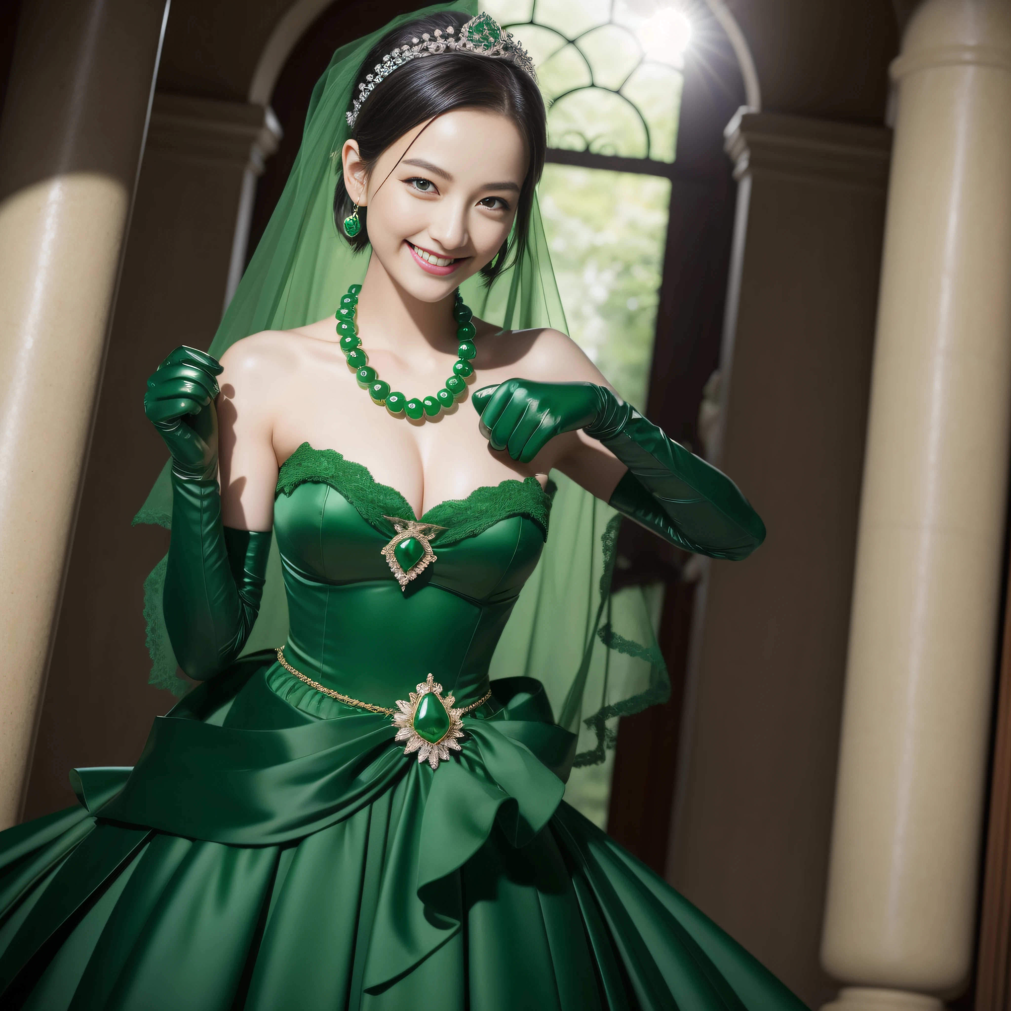 Boyish very short black hair, lipsticks, Japan woman smiling, Green Long Grove, Emerald Tia boyish very short black hair, lipsticks, Japan woman smiling, Satin green long gloves, Green Pearl Necklace, verd s eyes, Green eyes, Long green gloves made of satin material, big breasts beautiful, Green Bridal Veil, Green eyes, Emerald Earrings,emerald tiara, Green eyes