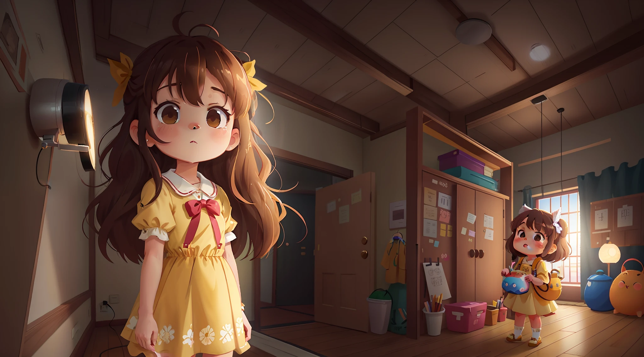 Anime girl in a yellow dress standing in a room with a lamp, pintado em anime painter studio | |, visual anime de uma menina bonito, Cute anime waifu in a nice dress, anime moe artstyle, Matambém Kitagawa Fanart, arte cg anime suave, feito com anime painter studio, tou, Ou impacto de Ayaka Genshin, Sayori, Estilo anime. 8k