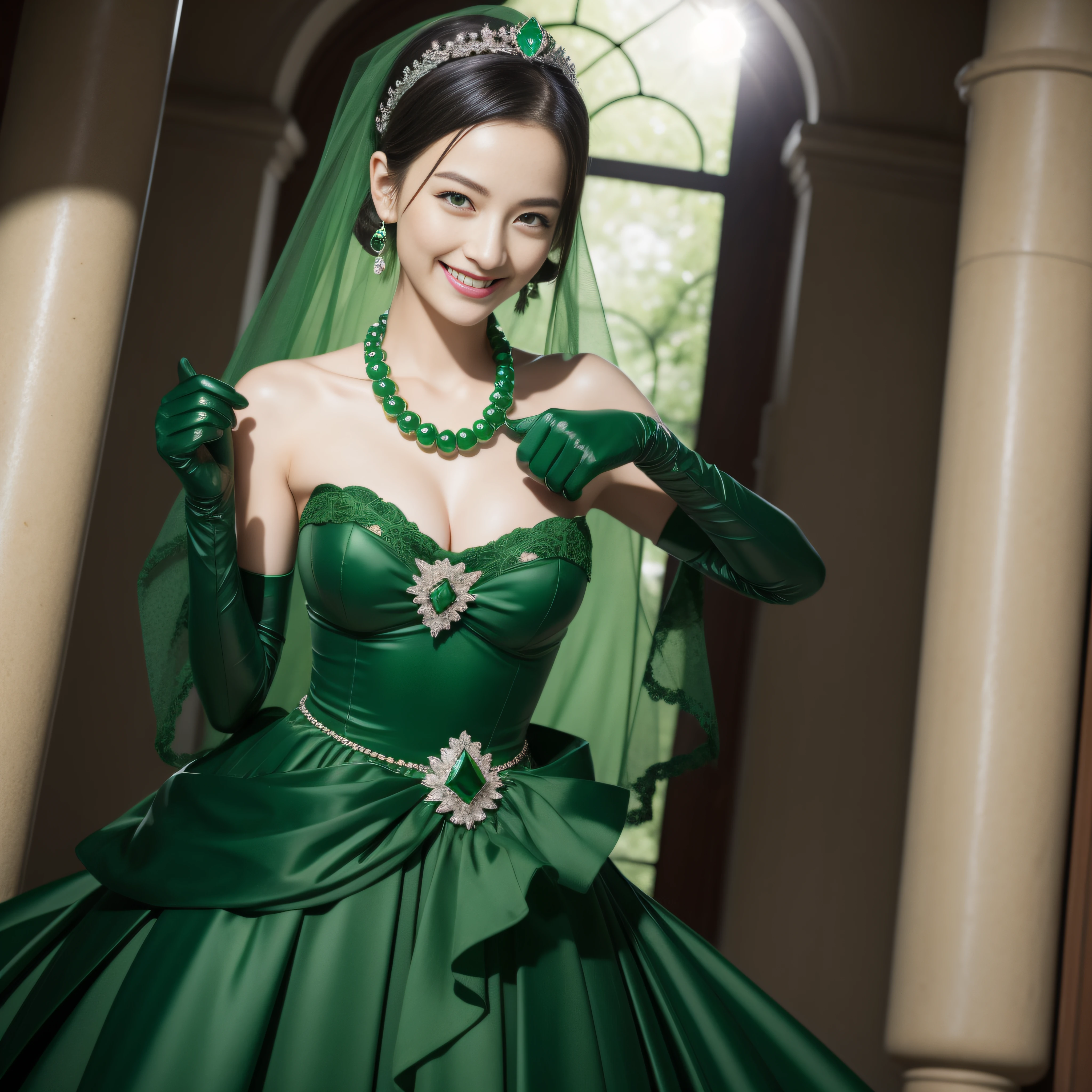Boyish very short black hair, lipsticks, Japan woman smiling, Green Long Grove, Emerald Tia boyish very short black hair, lipsticks, Japan woman smiling, Satin green long gloves, Green Pearl Necklace, verd s eyes, Green eyes, Long green gloves made of satin material, big breasts beautiful, Green Bridal Veil, Green eyes, Emerald Earrings,emerald tiara, Green eyes