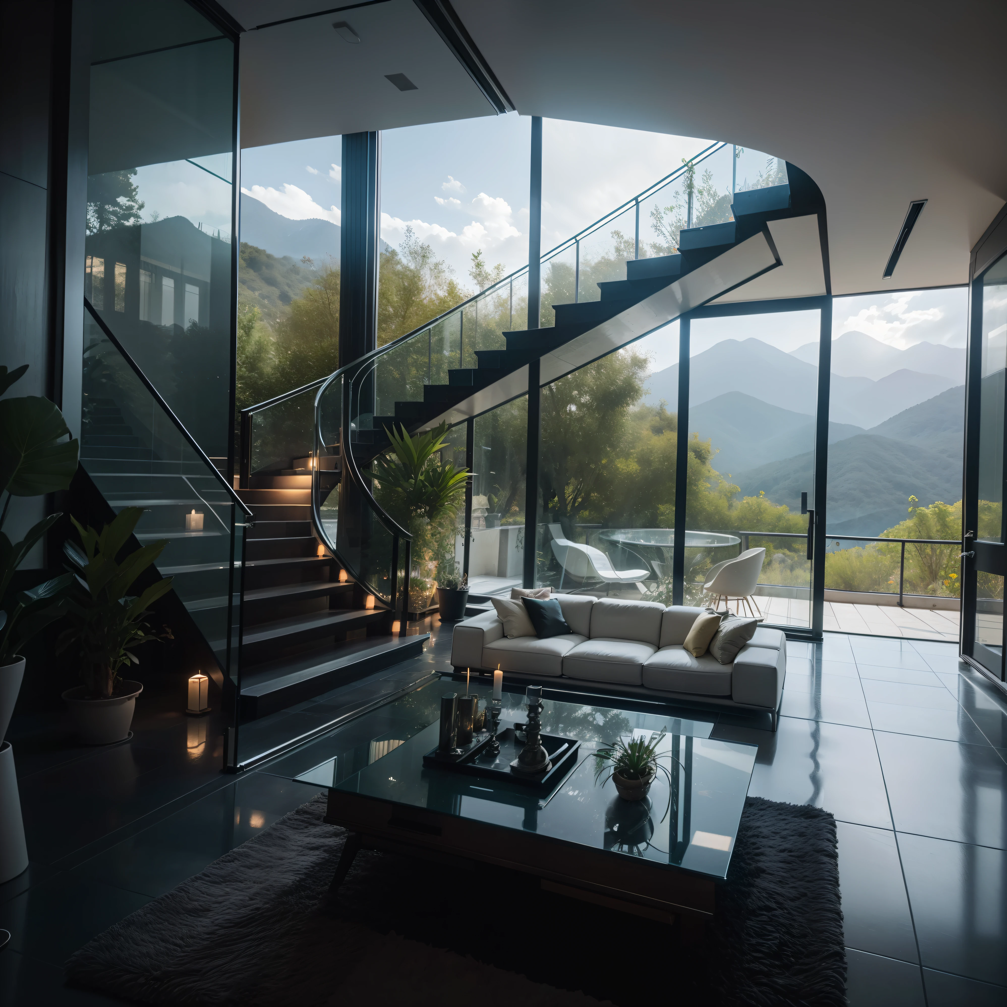 The Glass House, Two floors, Large living room with modern and cozy décor, Upstairs Rooms, Gorgeous surreal bathroom, stairs with plants and columns in the room, Location in the mountains, Beautiful view of the city, nightfall, Luxury cars on the doorstep, 8K, hiquality, Surrealist, beste-Qualit, taken from a phone