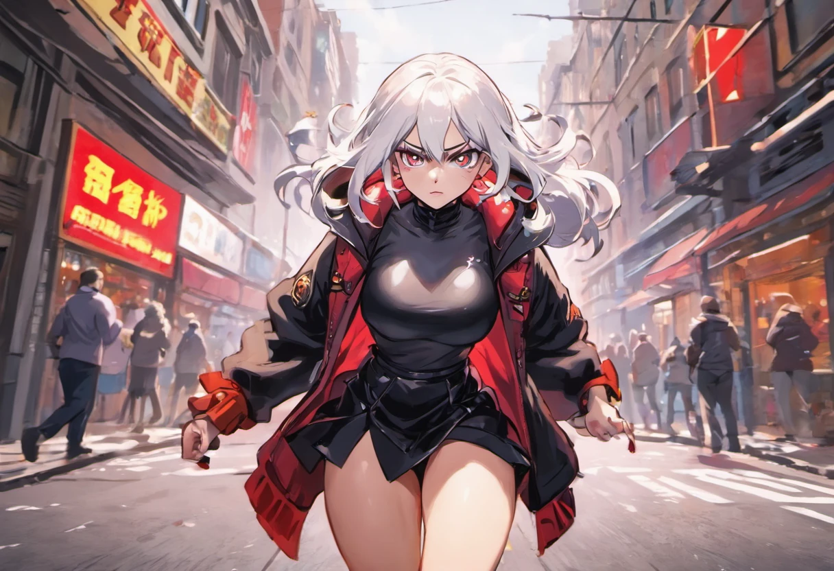 beautiful girl with white hair walking down the street, serious face, wearing short skirt