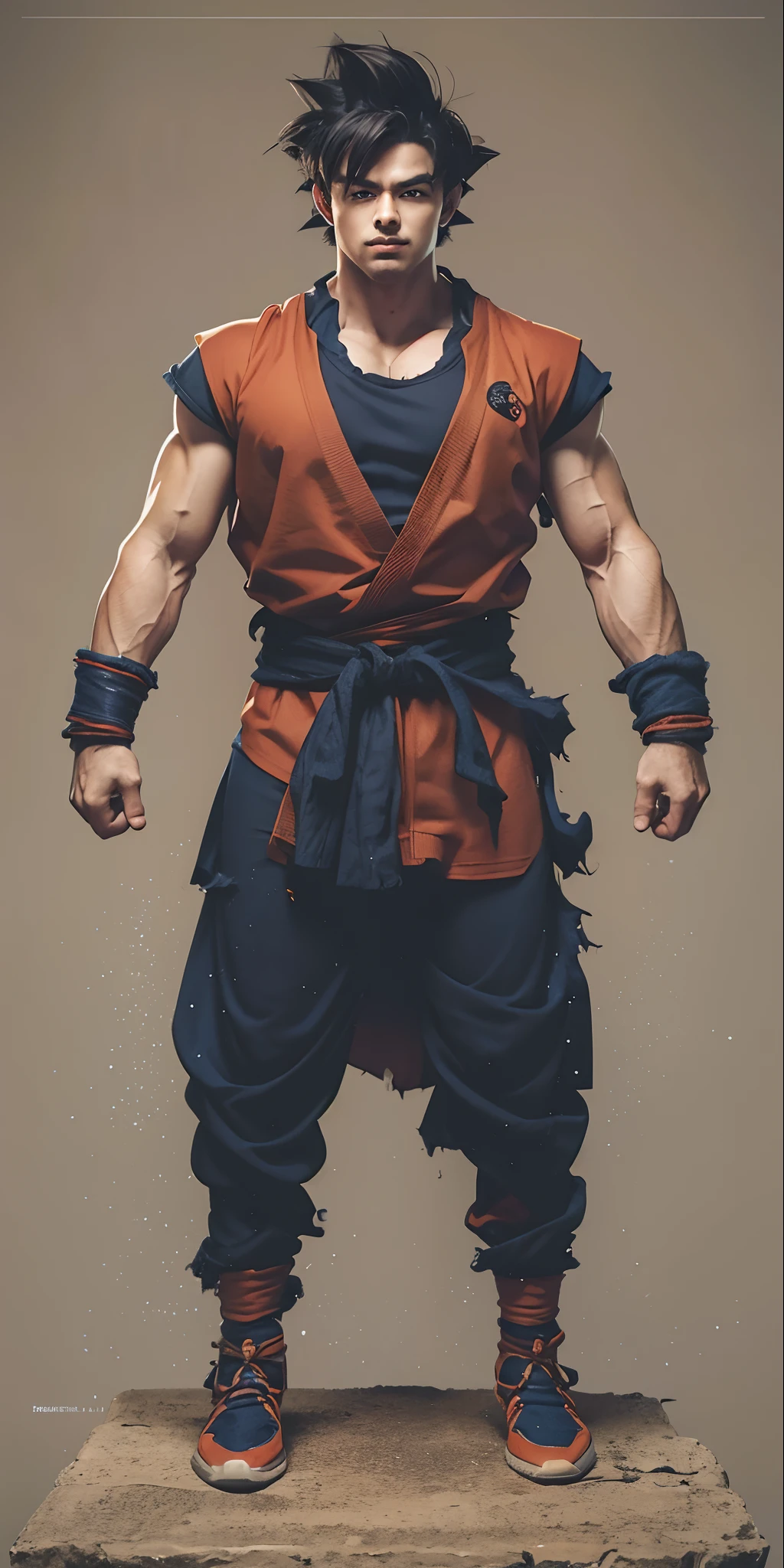 Goku standing with his head held high, his gi torn and body bruised, but with a look of unwavering resolve. The background is a battlefield in ruins, with smoke and debris around him, but Goku remains a symbol of strength and endurance.