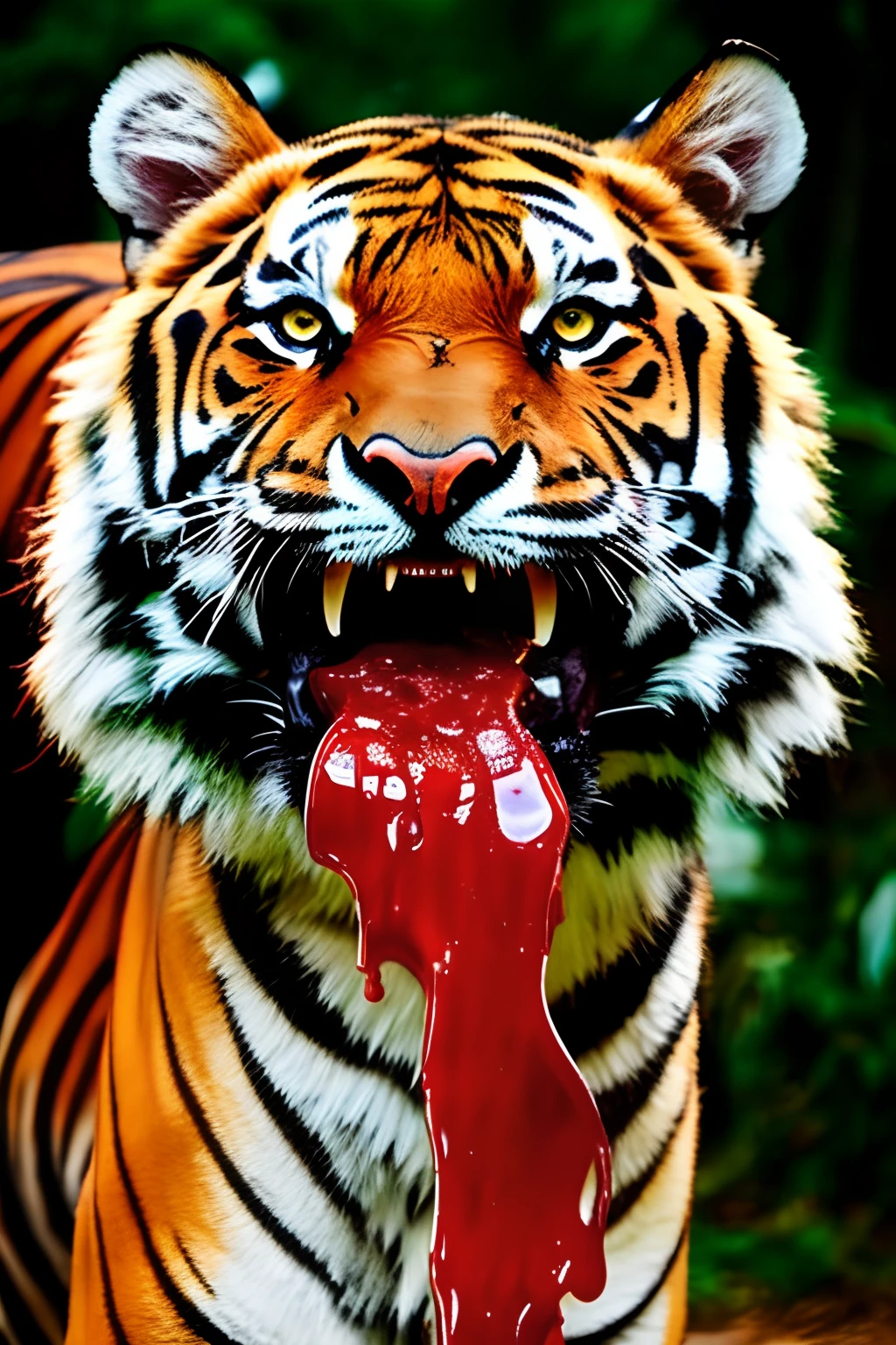 tiger with blood on its face and mouth Red blood liquid dripping realistic