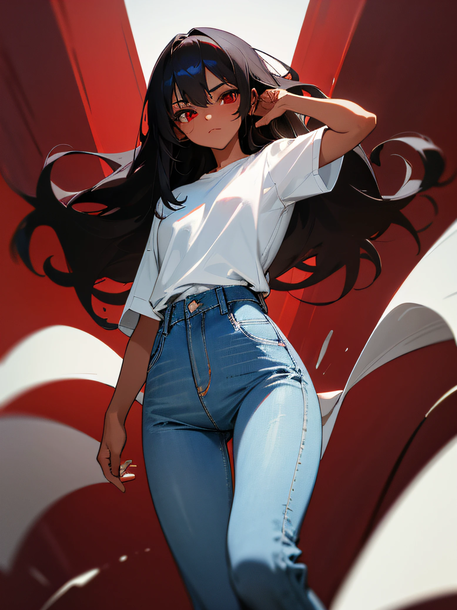 1girl, dark brown skin, long black hair, red eyes, wearing plain white shirt, denim jeans, white drop, absurdres, high res, ultrasharp, 8K, masterpiece, looking at viewer