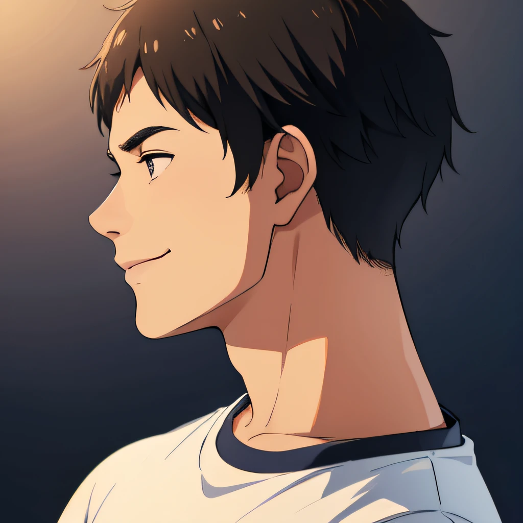 Profile picture, icon, man around 25 years old, wearing a T-shirt, black hair, short hair, body facing forward, looking at me, smiling, close-up of face, Japanese