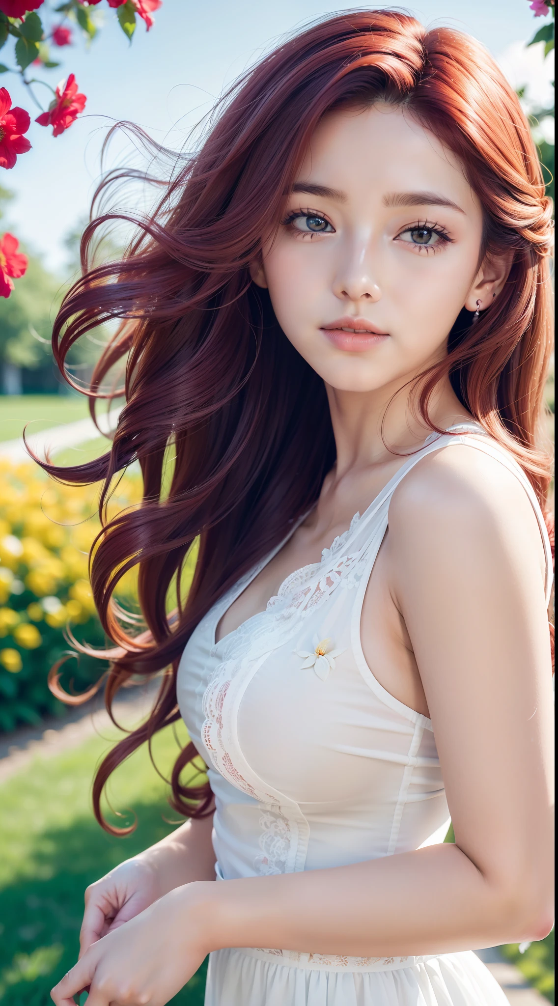 (Best quality,high resolution,Ultra-detailed:1.2),Beautiful white to red gradient wavy curls fluttering in the breeze, Vibrant flowers in the background of the park, Close-up shot,