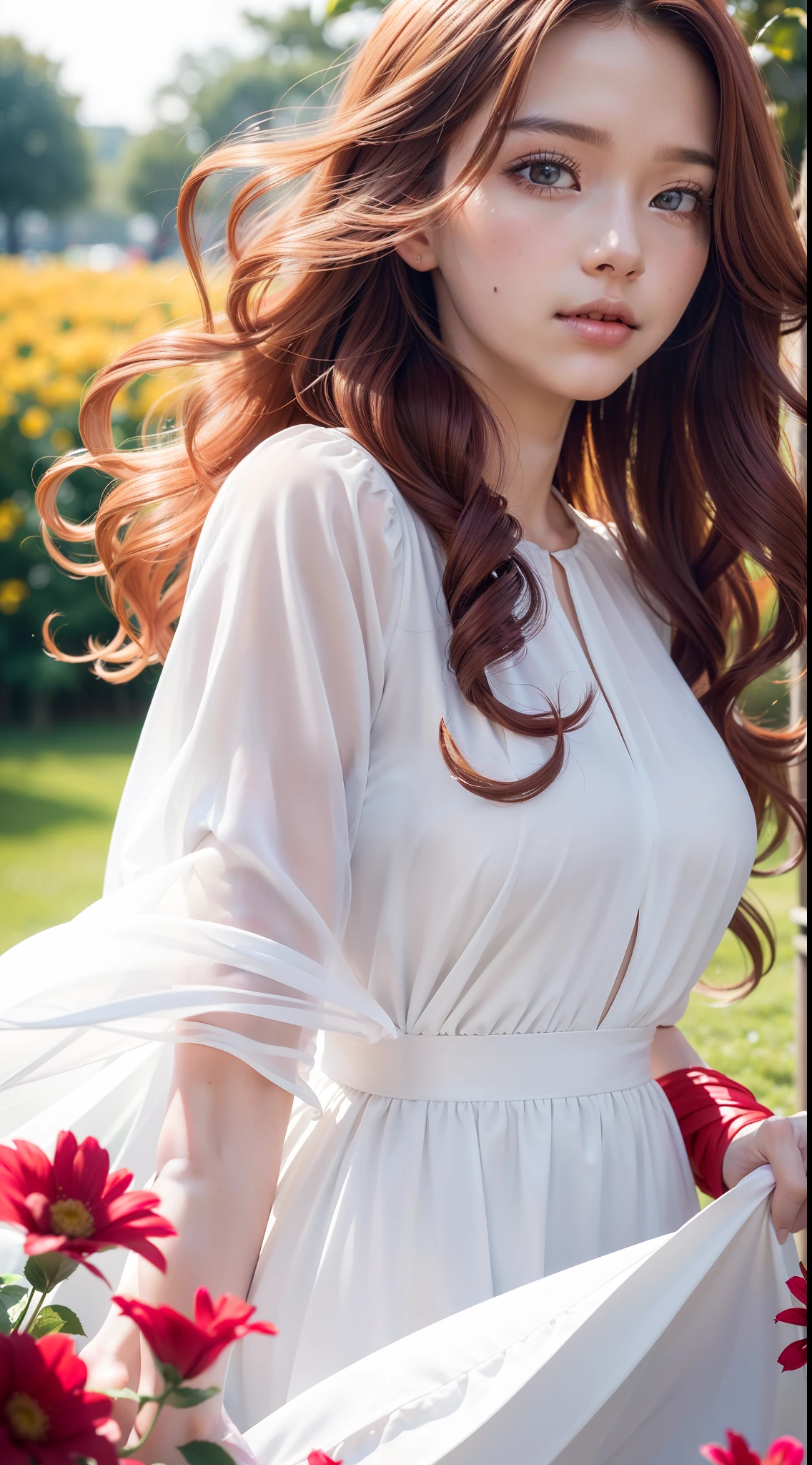 (Best quality,high resolution,Ultra-detailed:1.2),Beautiful white to red gradient wavy curls fluttering in the breeze, Vibrant flowers in the background of the park, Close-up shot,