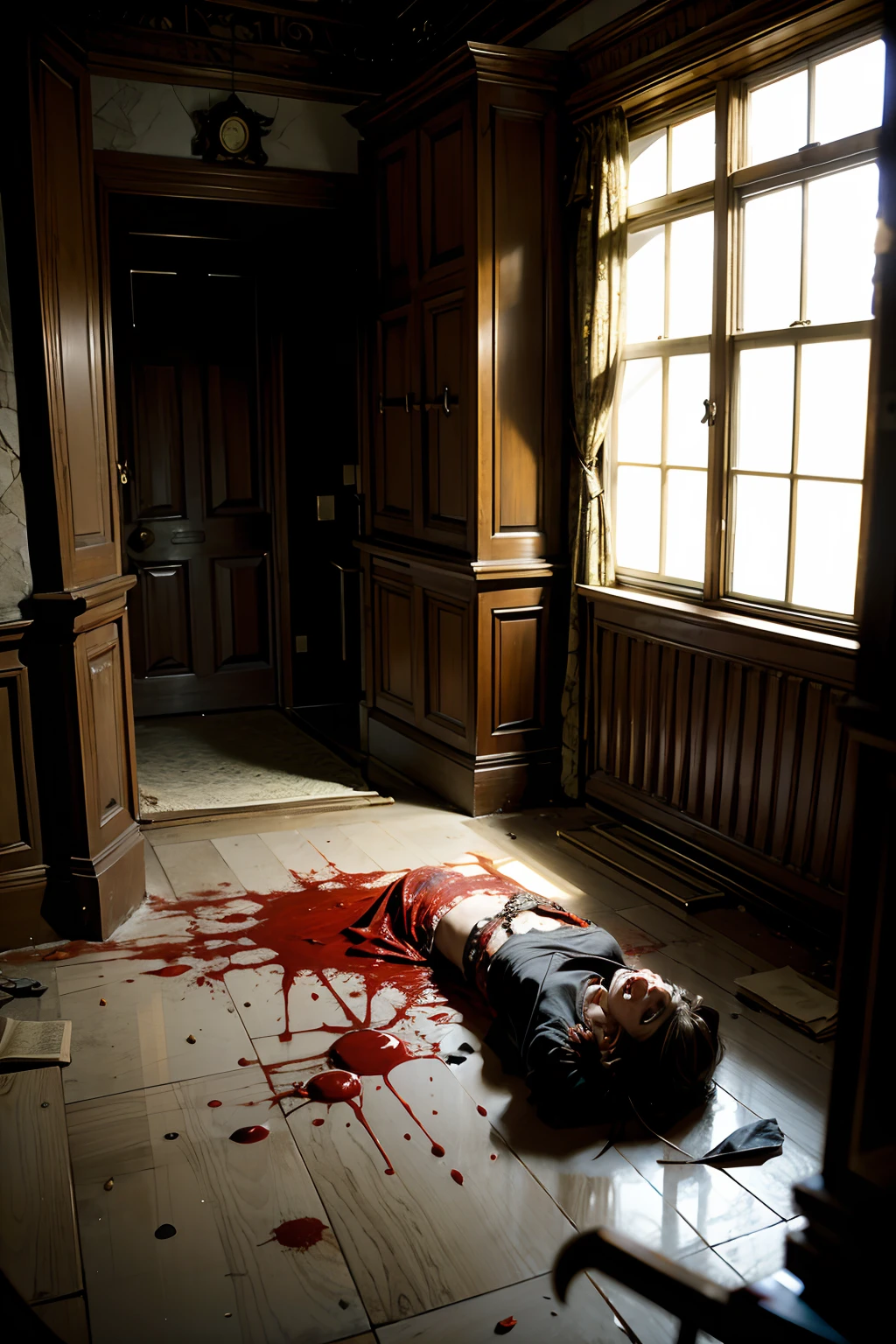 A room that belongs to a vicious, torturer, dark, scary, blood on the floor, mood is bizarre, tragic, violent, horrible, miserable, atrocious, tormenting, suffering.