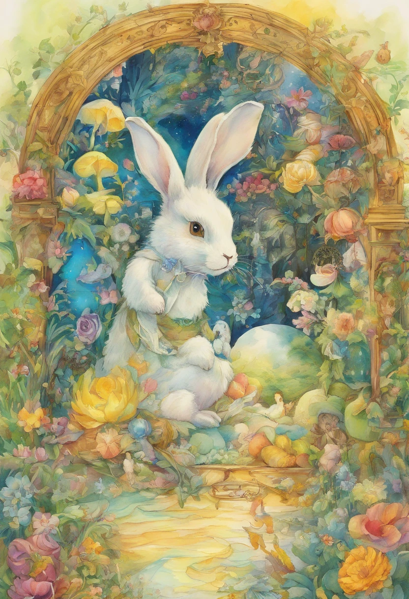 comiс style, painted in vivid watercolor, Bipedal rabbit, Roupas fofas, olhos verdes, branco, cinza, azul. amarelo, extremamente detalhado, altamente detalhado, obra prima, Fundo do conto de fadas, Wonderland, dynamic colours, Luz de conto de fadas, Directed by: Beatrix Potter, Susan Wheeler, Cristopher Denise e Jean-Baptiste Monge, UHD 32k