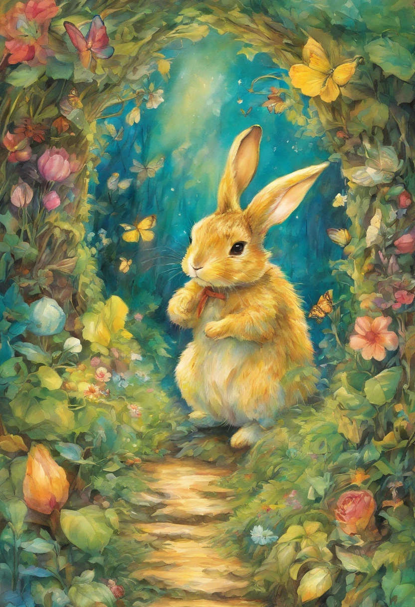 comiс style, painted in vivid watercolor, Bipedal rabbit, Roupas fofas, olhos verdes, branco, cinza, azul. amarelo, extremamente detalhado, altamente detalhado, obra prima, Fundo do conto de fadas, Wonderland, dynamic colours, Luz de conto de fadas, Directed by: Beatrix Potter, Susan Wheeler, Cristopher Denise e Jean-Baptiste Monge, UHD 32k