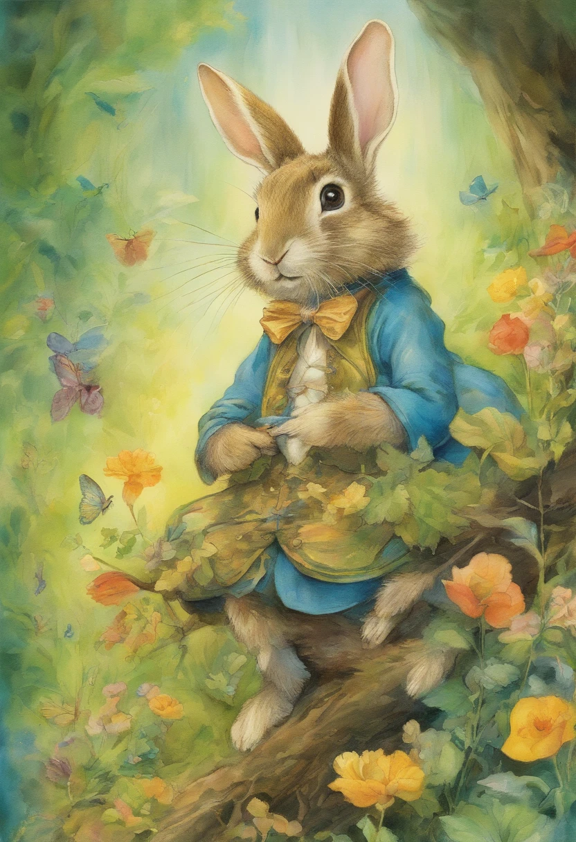 comiс style, painted in vivid watercolor, Bipedal rabbit, Roupas fofas, olhos verdes, branco, cinza, azul. amarelo, extremamente detalhado, altamente detalhado, obra prima, Fundo do conto de fadas, Wonderland, dynamic colours, Luz de conto de fadas, Directed by: Beatrix Potter, Susan Wheeler, Cristopher Denise e Jean-Baptiste Monge, UHD 32k