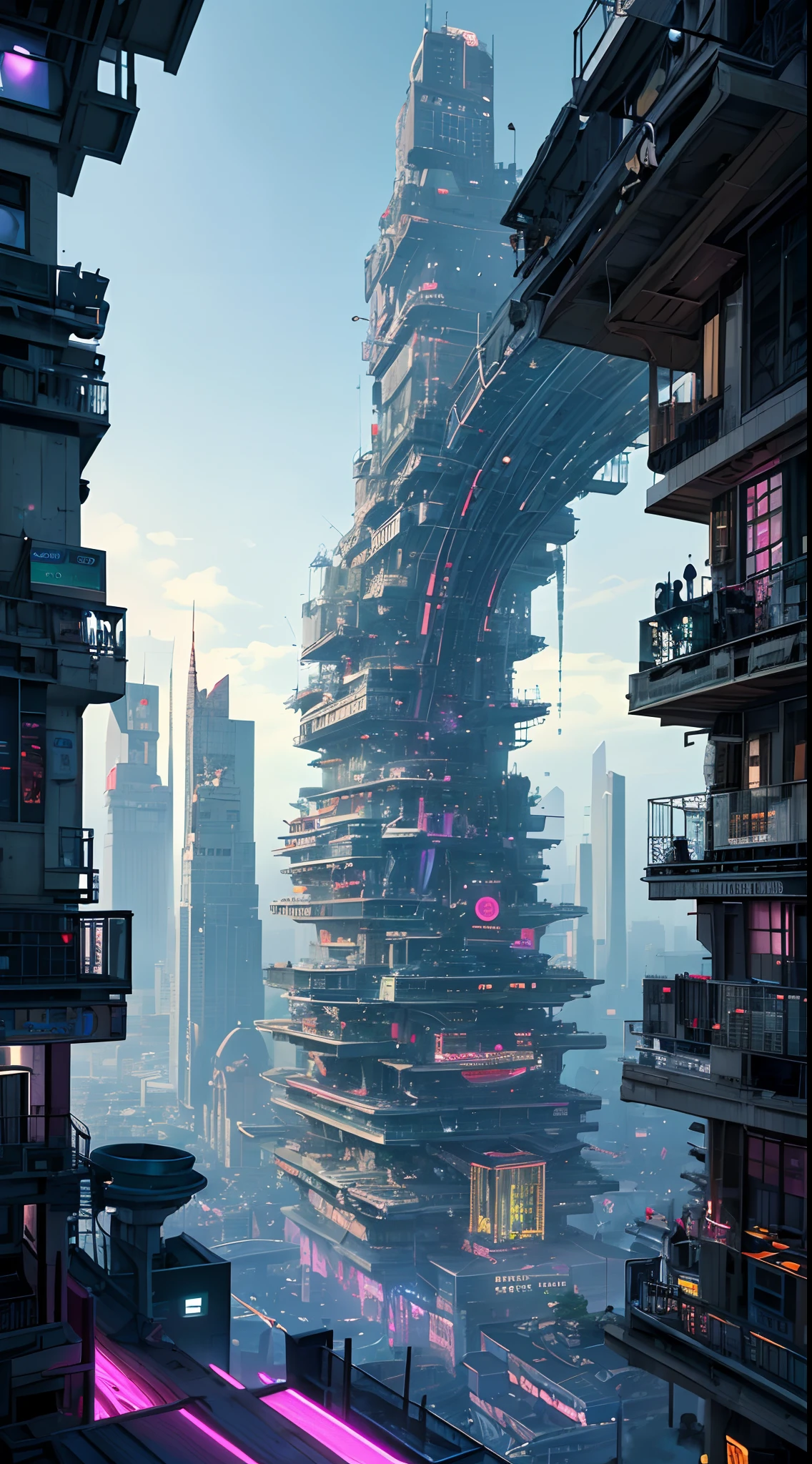 (City of abstract futuristic music,Intricate interconnected building complexes of layers,untiy,Biophilic design,bloomcore,Abstract futuristic musical architecture,Future urban design,Cyberpunk urban planning,retro-futurism,Biological Plant City,Giant arc in the city center:1.35),(Futuristic style:1.8),Generate futuristic landscapes with beautiful realities, Gorgeous romantic building, Flying Future Complex, Crystal Waterfall from the Flying Future complex, And highly detailed flowers This is the city of the future of man flying. These futuristic cities look like they've been carved out of sparkling gemstones, The details are clear and intricate, Added sense of reality,Clouds wisps of stars in the colorful sky, The deep blue and purple sky light is mesmerizing, create a fascinate atmosphere. Many different levels are included and high visual interest is included. The environment is vast,awe-inspiring, This is a macro lens. The general atmosphere is peaceful, Tranquil and highly delicate sweetness. Include fun fantasy elements,Its colors complement the rest of the landscape. The sky should be very detailed. The landscape should be very detailed. All buildings should be decorated with intricate details. Including luminous and futuristic atmosphere, Distributed glass cover, extremely colorful, Many small futuristic details, Including the rainbow, Professionally crafted majestic landscape, Shimmer and shimmer. Includes many vivid colors and blurry surreal details. camera: Use dynamic compositions to create interest and excitement. .CGI, illusory engine, unity engine,musical note,music sheets,Bustling city,Aerial view,concept-art,