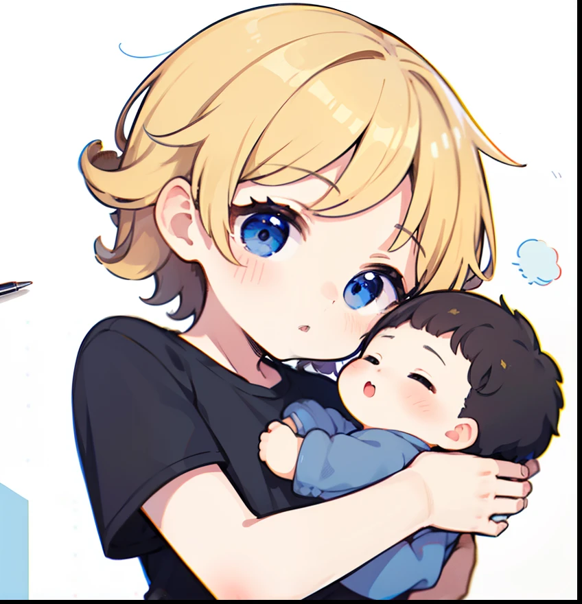 hiquality、superfine illustration,masutepiece,Animated,1boy,man,Man's,Guy,man,Man's,Short hair,Curly hair,Parted bangs,Blonde hair,Blue eyes,White skin,Handwriting style、Holding the baby