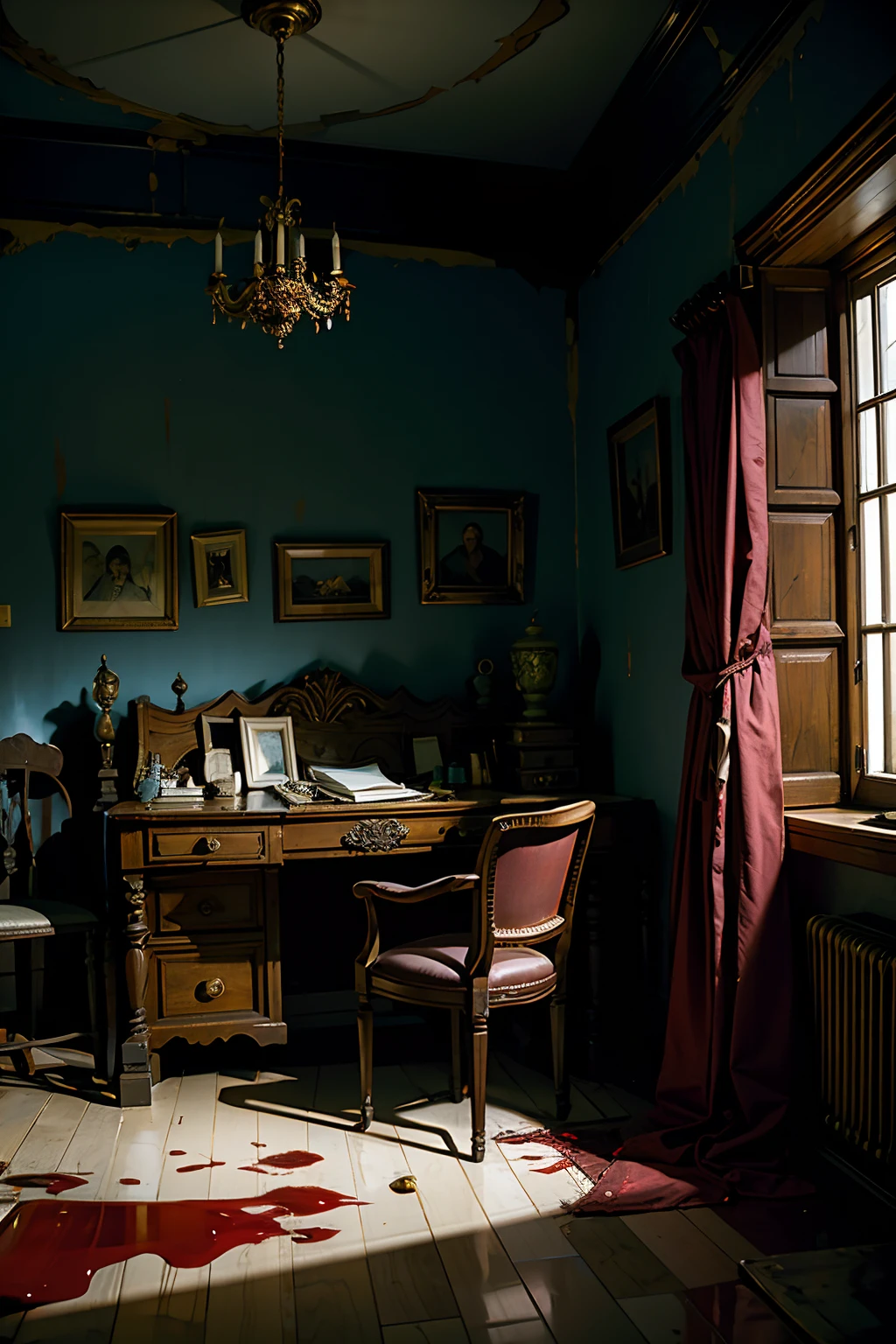 A room that belongs to a vicious, torturer, dark, scary, blood on the floor, mood is bizarre, tragic, violent, horrible, miserable, atrocious, tormenting, suffering.
