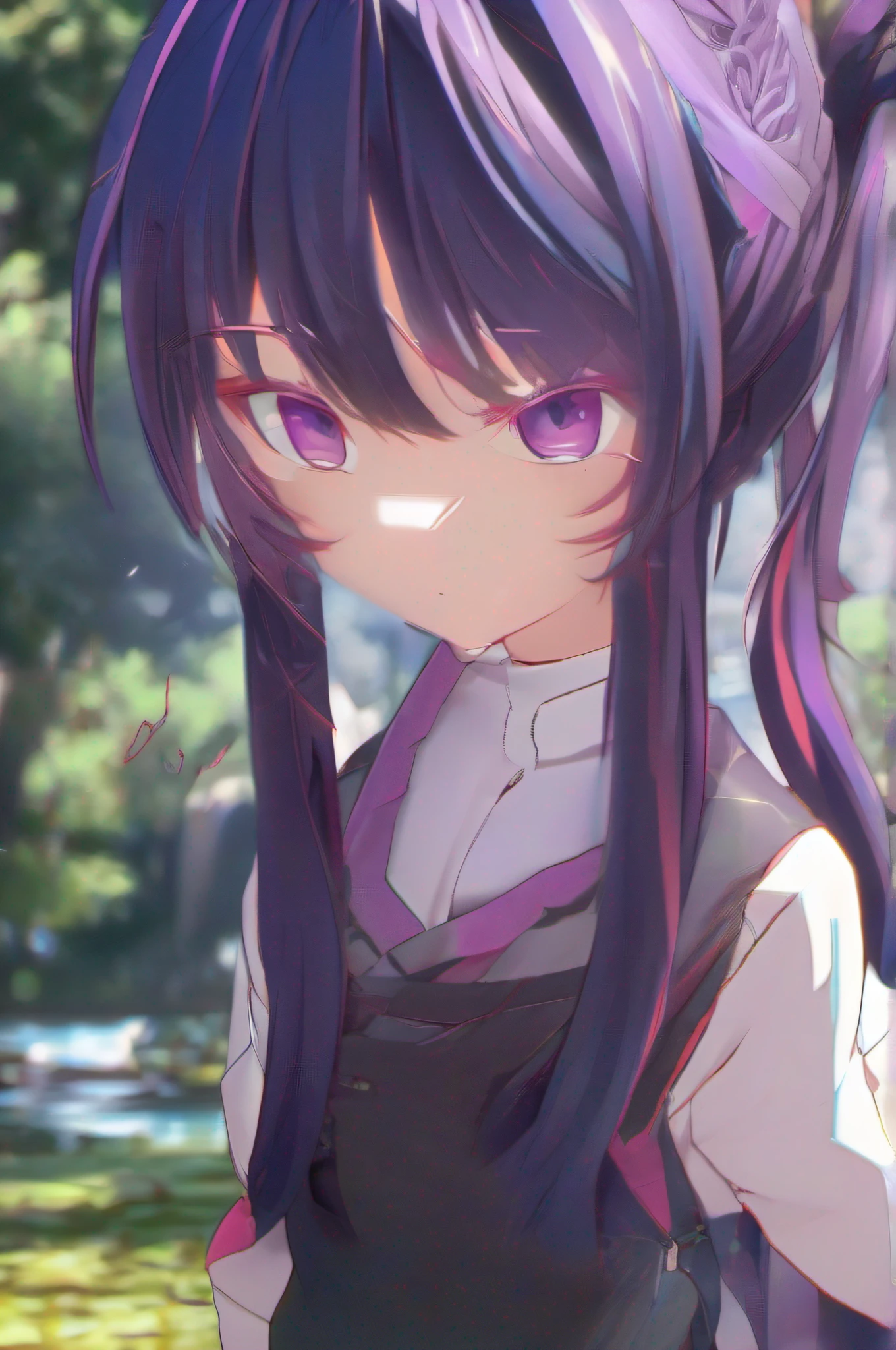 black hair, hair bobbles, wince, longeyelashes, solid circle eyes, fake animal ears, light smile, ear blush, fang, 1girl, solo, akatsuki_loghorizon, serious, looking_at_viewer, (akatsuki_outfit), purple hair, ponytail, very long hair, shiny hair, wet hair, high ponytail, purple eyes, pout, pout, pout, blush, Surrealism, drop shadow, anaglyph, stereogram, tachi-e, pov, atmospheric perspective, anime, anime style, pov, from above, 8k, super detail, ccurate, best quality, 16k, ccurate