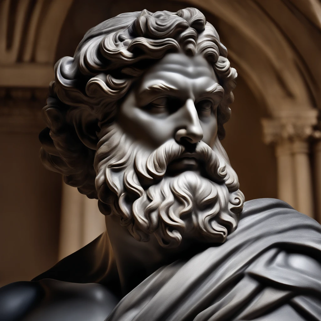 La mejor calidad, Obra maestra, (realistic photograph:1.4), Professional photo of a black marbleo f a greek mythological sculpture, in the style of miguel angel, black marble with white and golden veins.