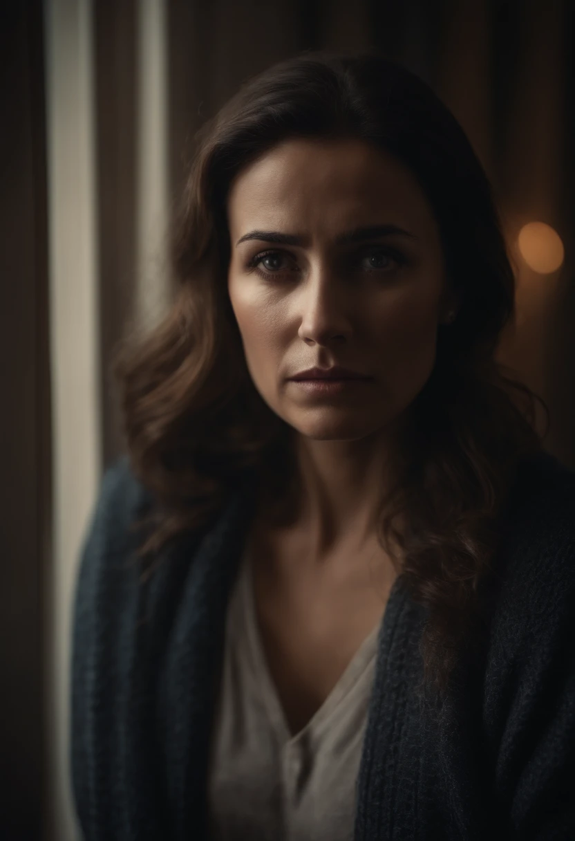 Portrait, a woman with a melancholic and sorrowful expression, teary eyes, subdued lighting to convey her sadness and emotions,