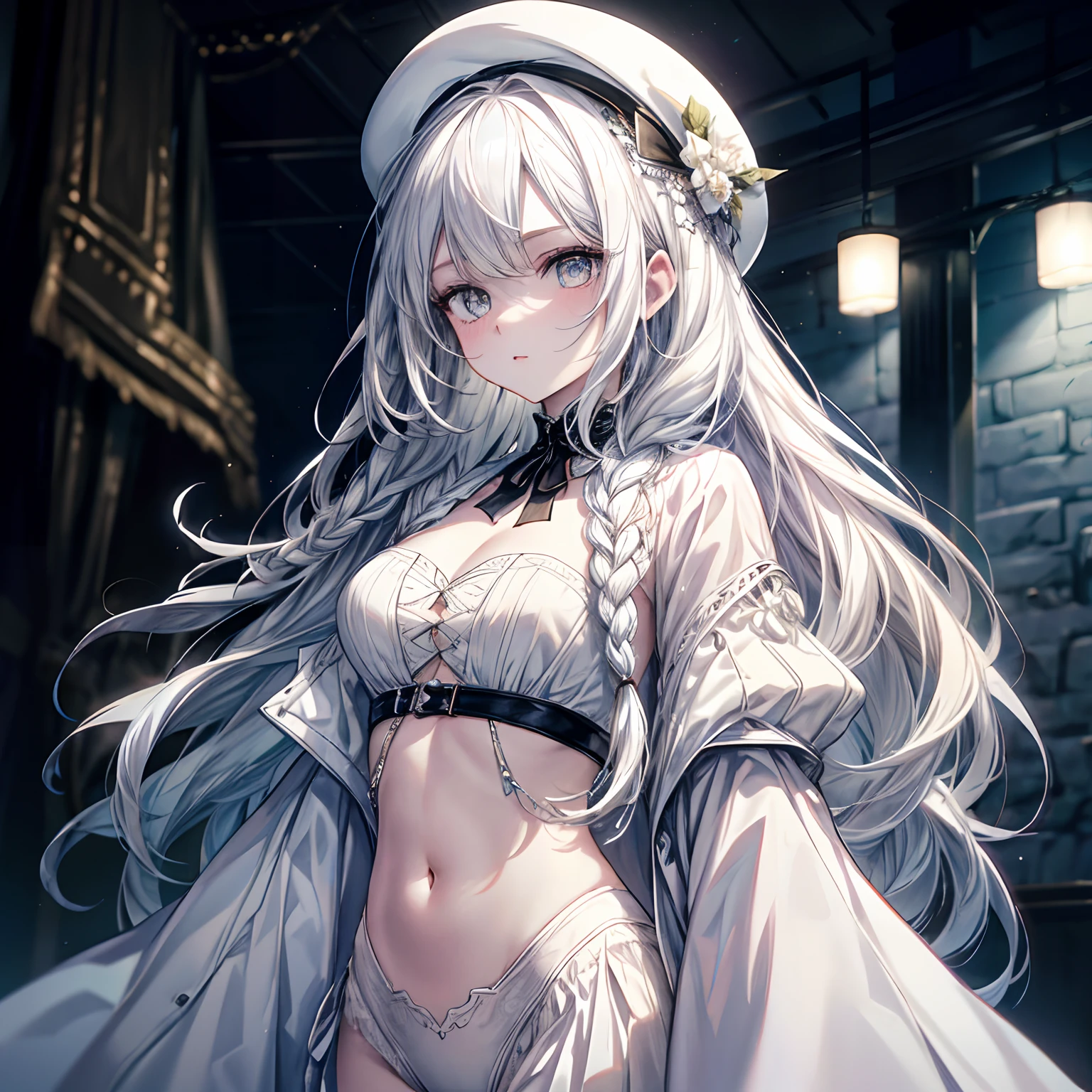 Masterpiece, Highest quality, solofocus, (Perfect face:1.1), (High detail:1.1),Dramatic, 1人, (Pale skin), Long braids, white hair, White eyes, Solo, Long hair, Moon, Night, white luxury suit, White fedora, covered navel, pouty lips, Covered, Jazz clubs, Detailed background, Art by Artgerm and Greg Rutkowski, Gothic Renaissance, Cinematic lighting,